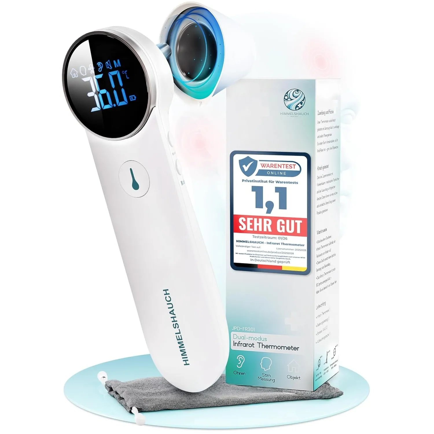 HIMMELSHAUCH MEDICAL Fieberthermometer Ohr & Stirn | 3 in 1 Messgerät | Ohrthermometer Babys Kinder & Erwachsene | Stir…