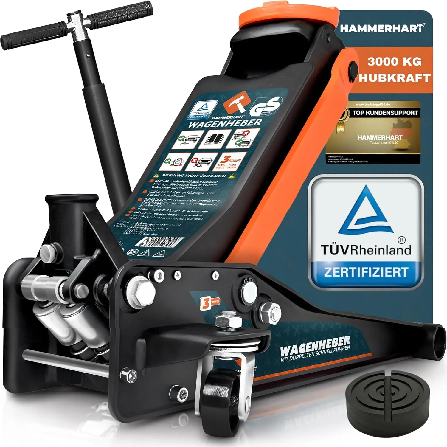 HAMMERHART - Hydraulischer Wagenheber 3T | TÜV geprüfter Rangierwagenheber mit 75-505mm Hubhöhe | Premium Wagenheber fl…