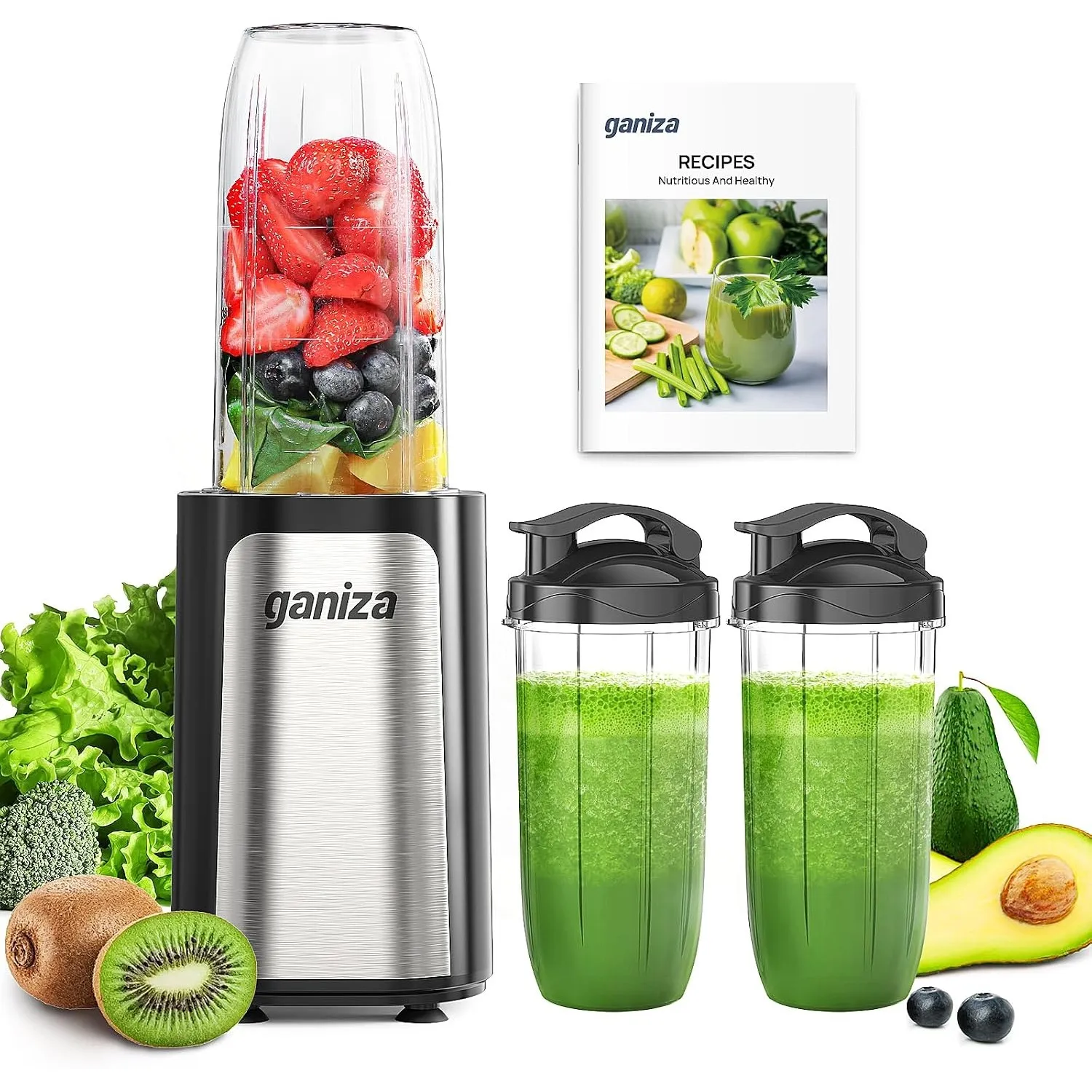 Ganiza Mixer, 900W Mini Smoothie Maker, Standmixer mit 3 Tragbare Mixbechern(2×500ml & 1×700ml), Vierklingenklinge aus …