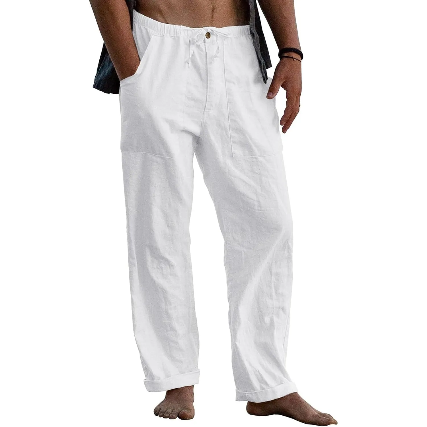 Puimentiua Leinenhose Herren,Lang Leichte Sommerhose,Loose Fit Sommer Leinen Hose,Baumwollehosen mit Tunnelzug und Reiß…