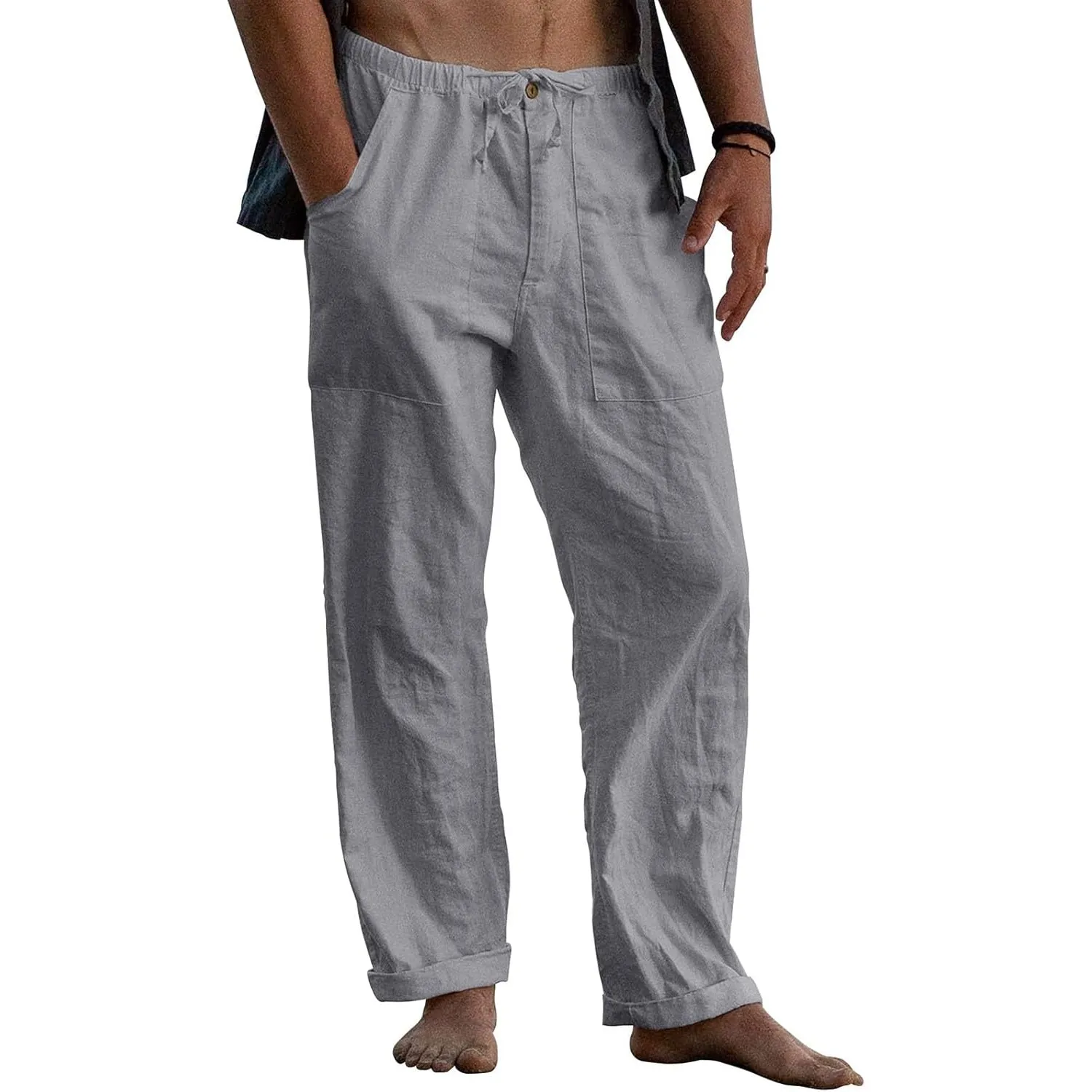 Puimentiua Leinenhose Herren,Lang Leichte Sommerhose,Loose Fit Sommer Leinen Hose,Baumwollehosen mit Tunnelzug und Reiß…