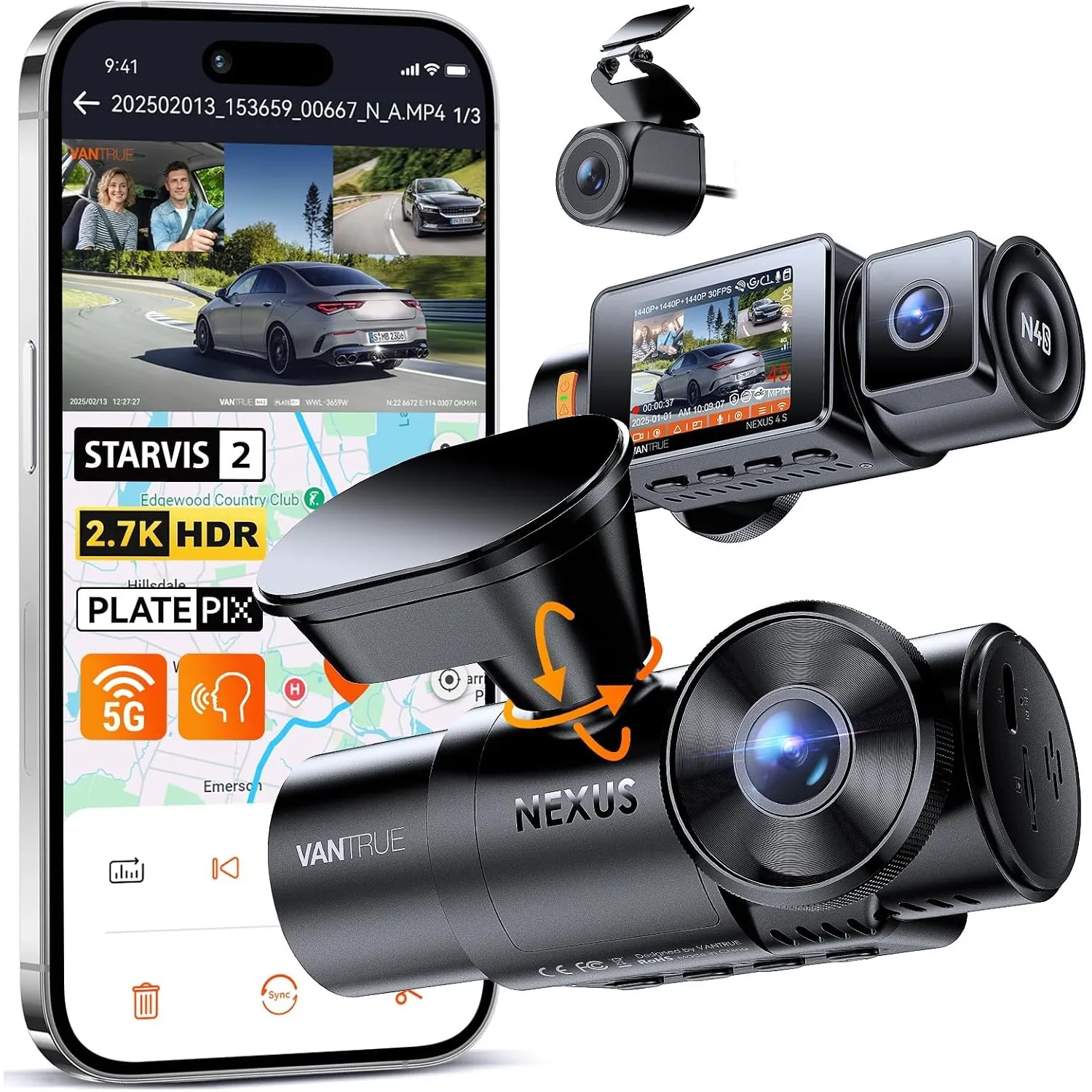 VANTRUE N4S STARVIS 2 HDR Dashcam Auto 2.7K+2.5K+1440P Vorne Hinten Innen