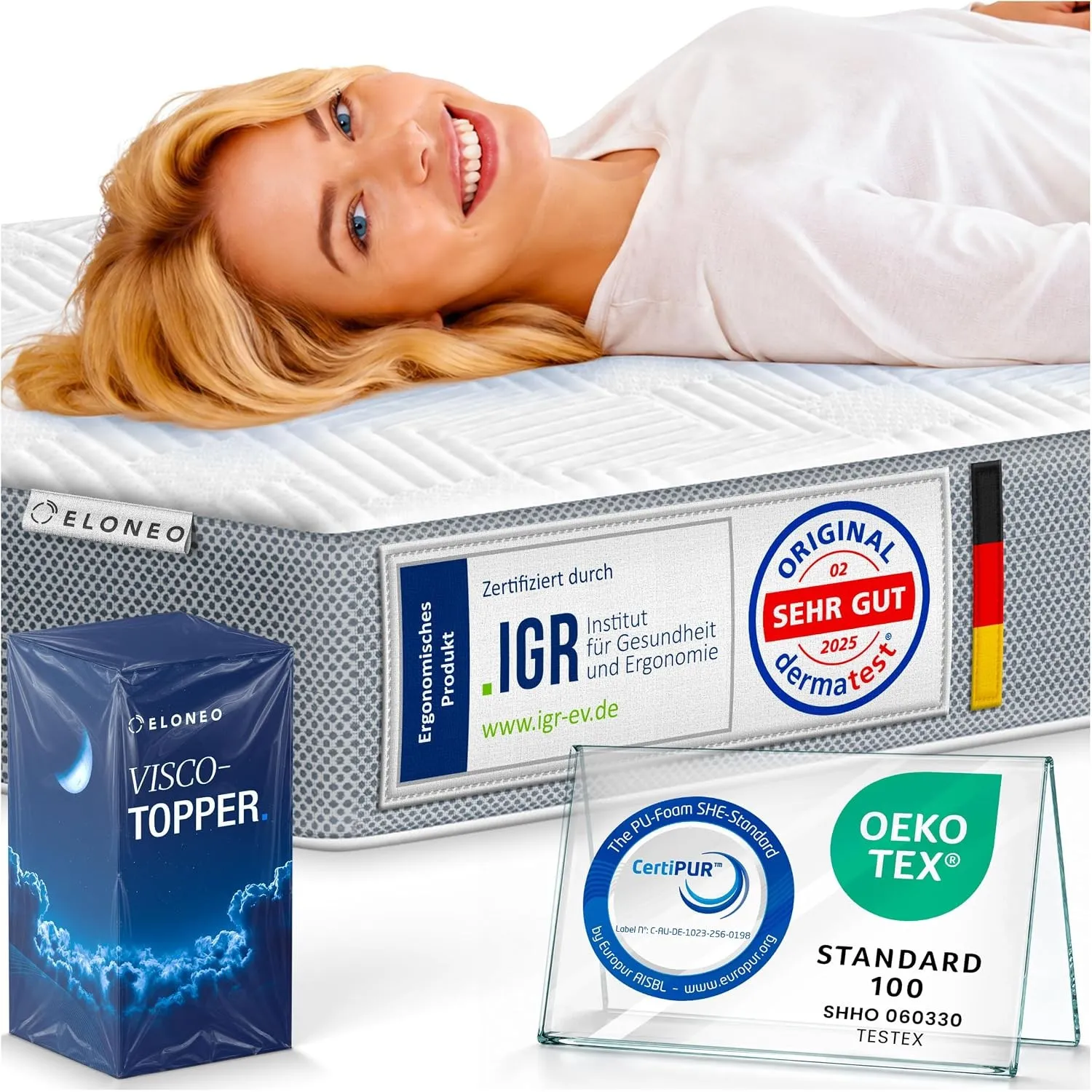 ELONEO Matratzen Topper 90x200cm | Memory Foam | 8cm hoch | zertifizierter Premium Matratzentopper für Bett und Boxspri…