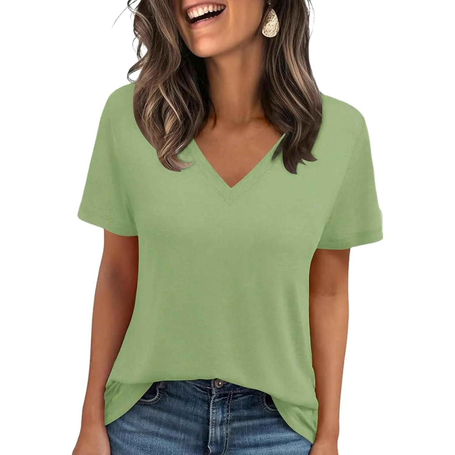 Cuptacc Tshirt Damen Sommer Basic Shirt Oberteile Damen V-Ausschnitt Kurzarm Einfarbig Casual Top