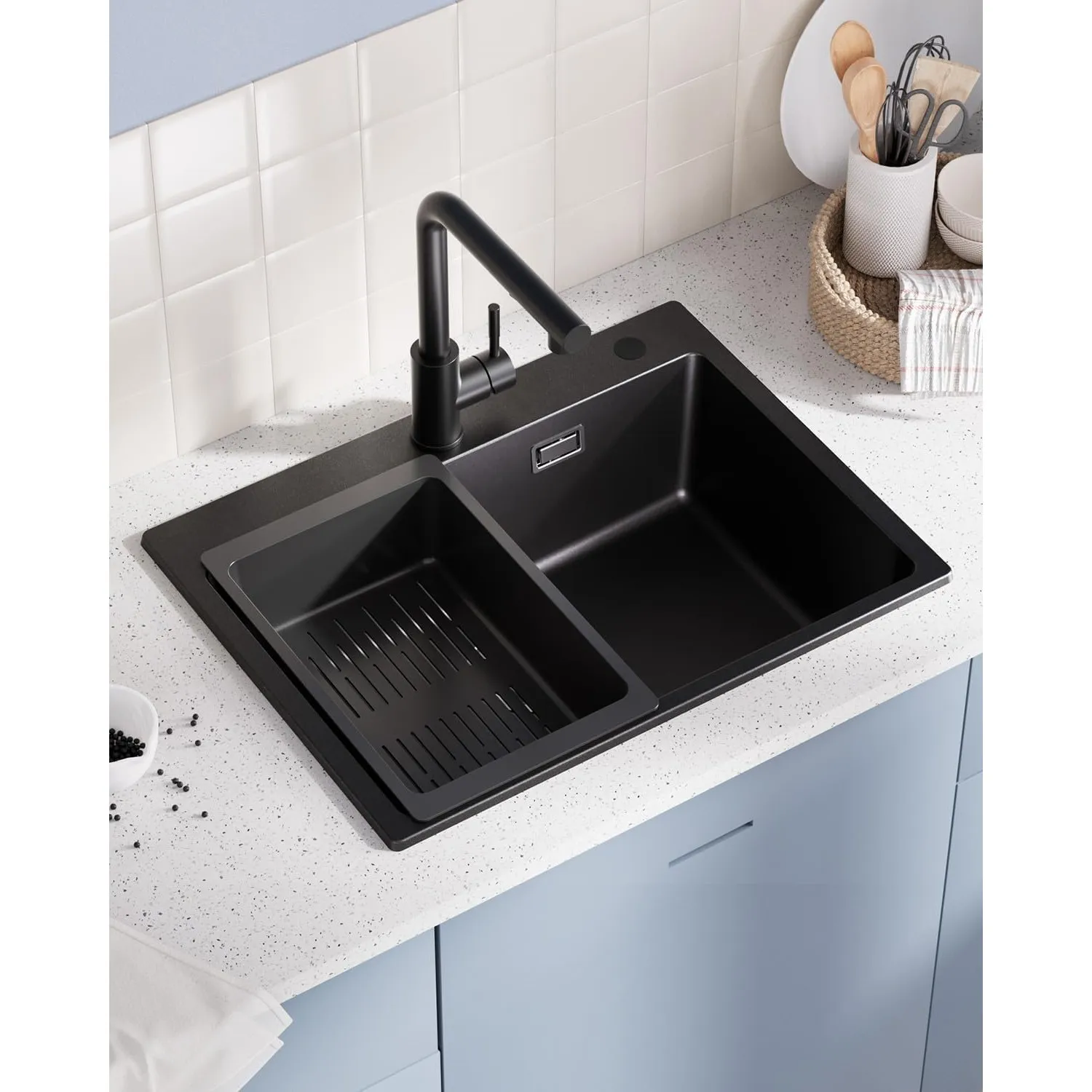 Spülbecken Schwarz Granit 60x45cm, Spüle Schwarz, Waschbecken Küche