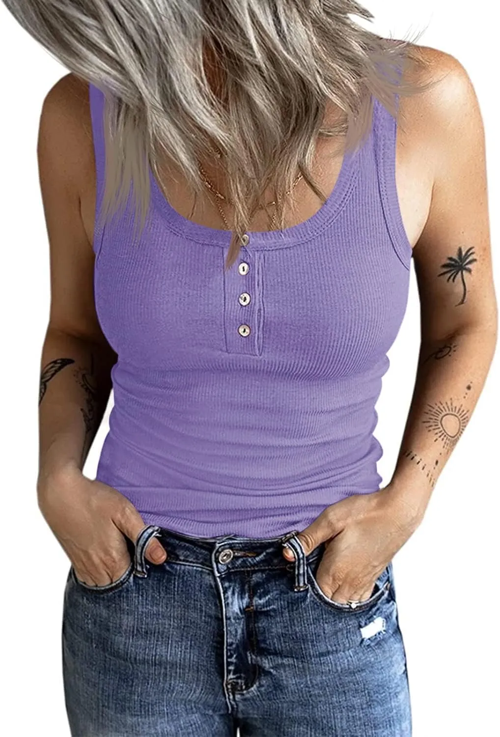 Fessceruna Women's Top, Sexy Scoop Neck, Tank Top, Sleeveless Summer Top, Ribbed Camisole with Buttons