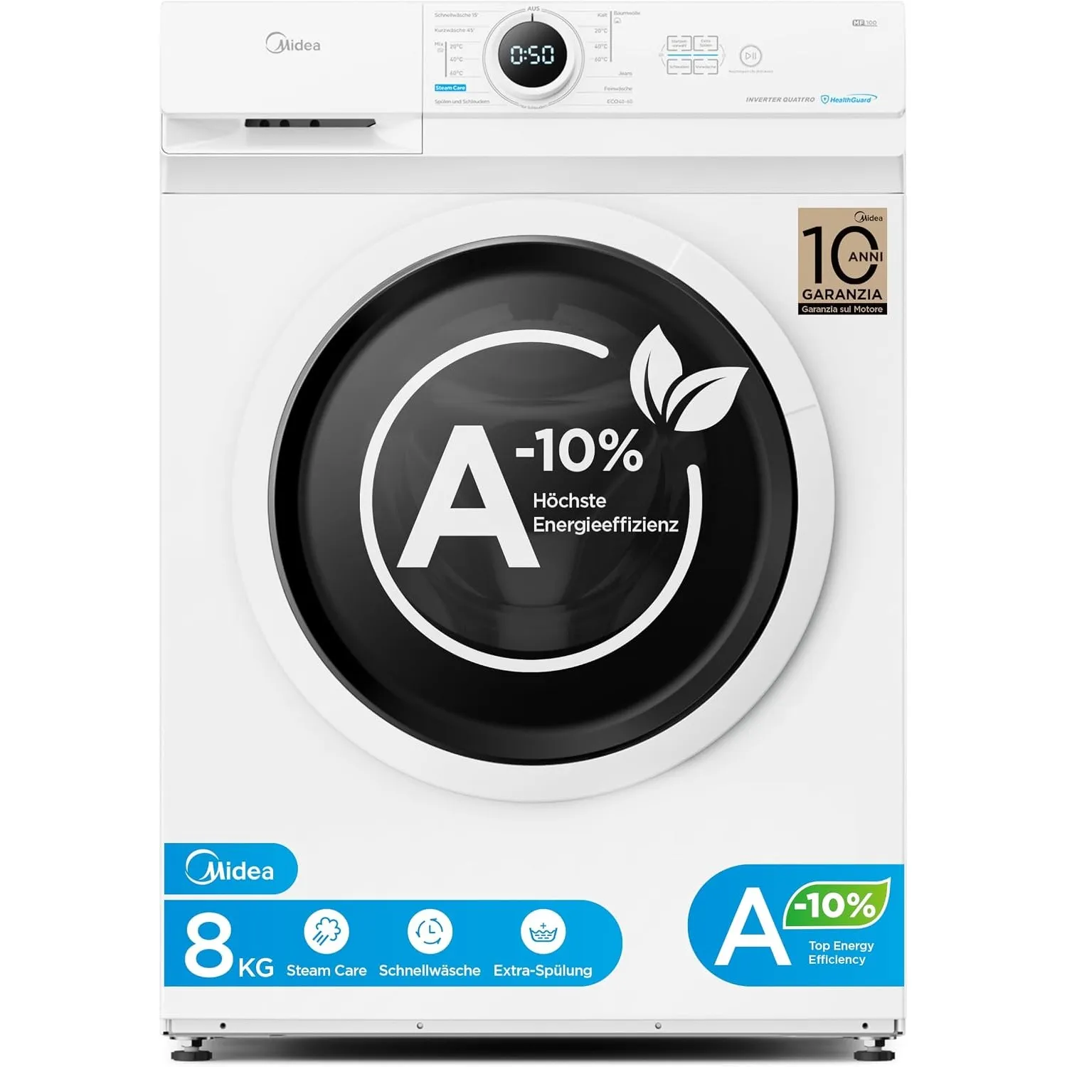 Midea Waschmaschine 8 kg Energieklasse A-10% 1400 U/Min Weiß MF10EW80BA10