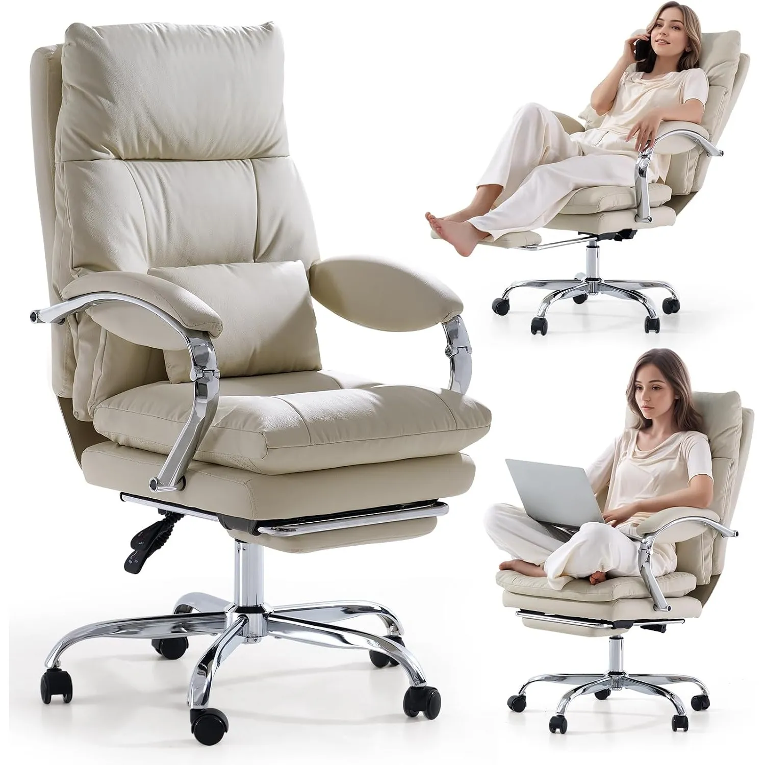 EMIAH Bequemer Home Bürostuhl mit Fußstütze und Rollen, PU Leder, Beige