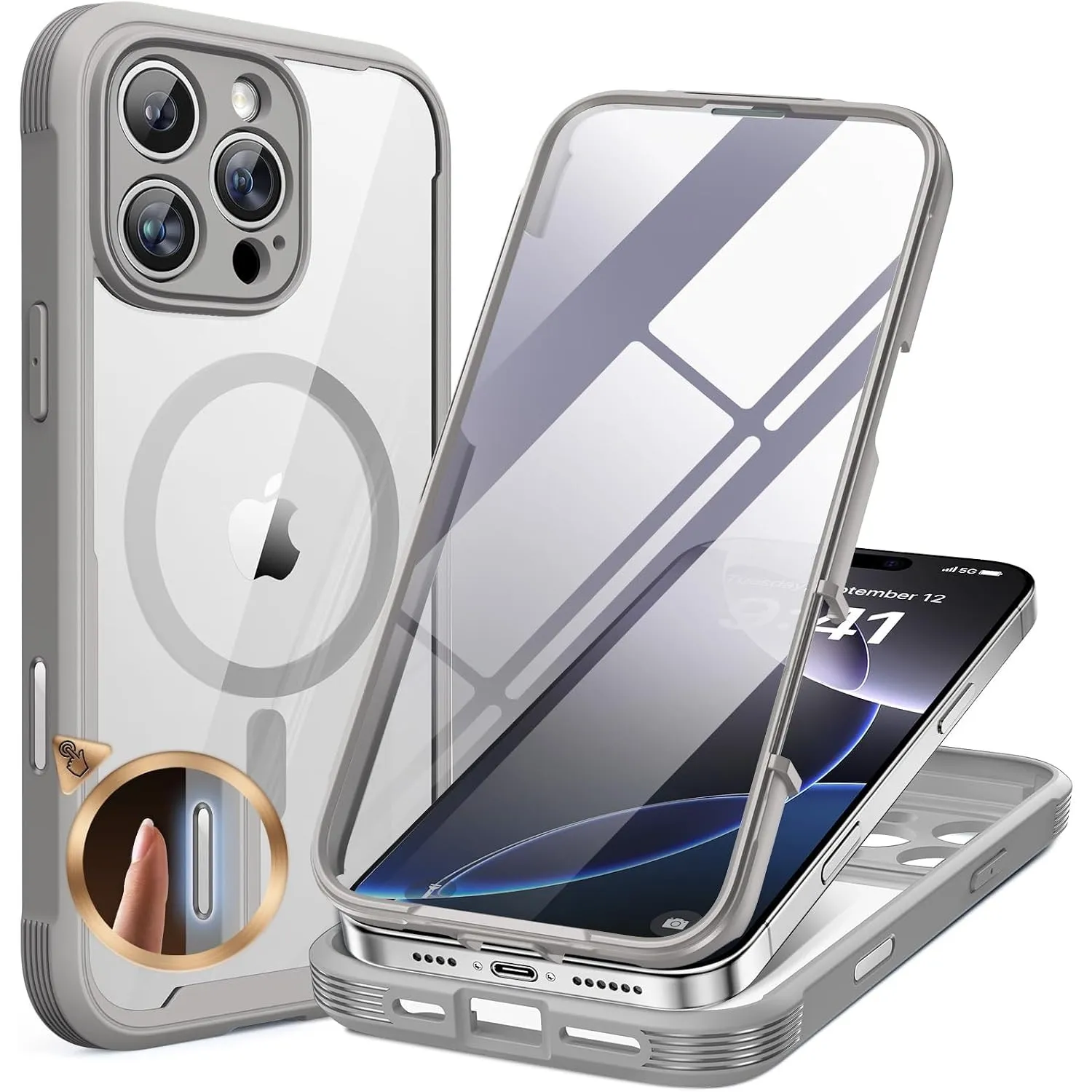 Miracase 360 Grad iPhone 16 Pro Max Hülle mit Magsafe, 6,9 Zoll, Grau