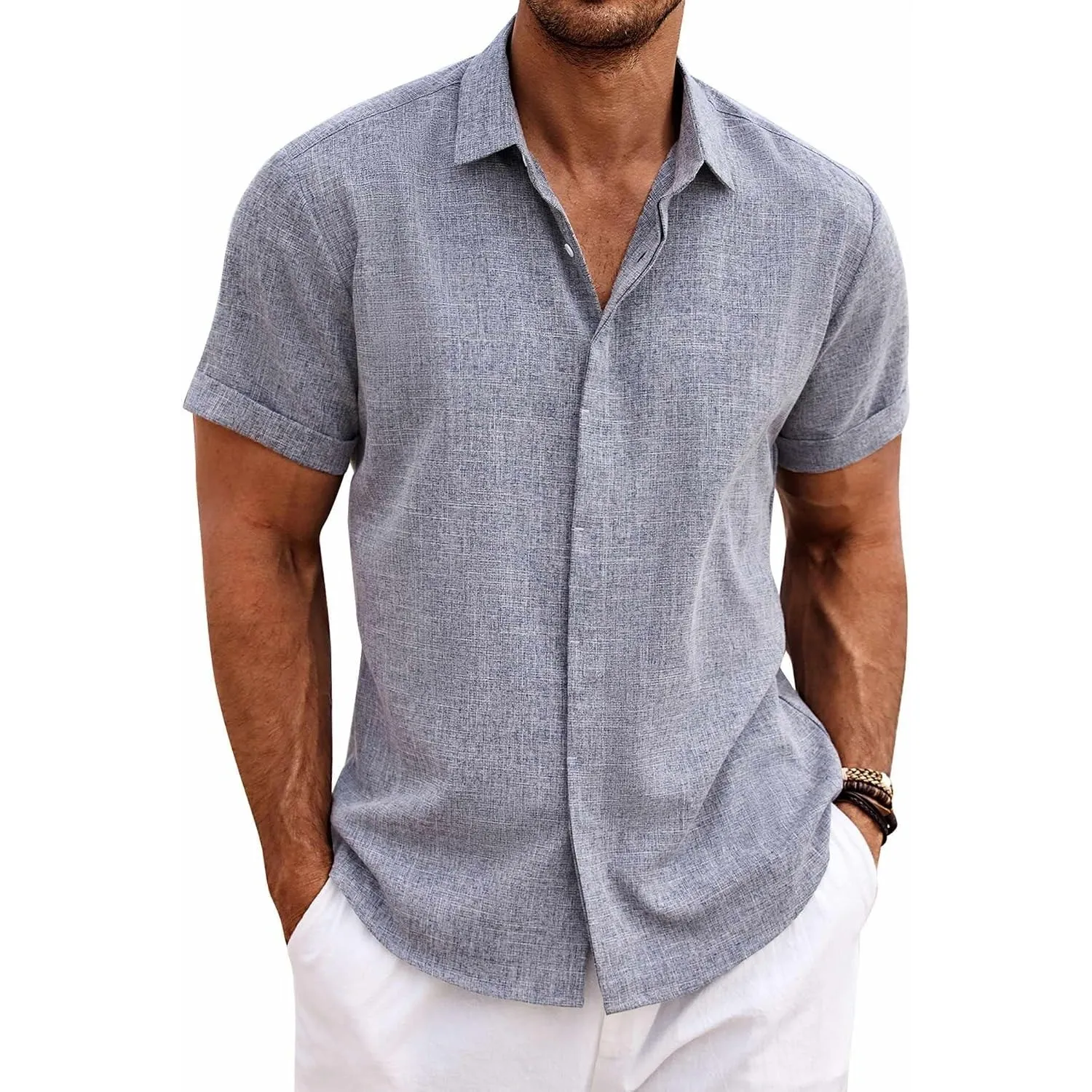COOFANDY Leinenhemd Herren Kurzarm Hemd Button Down Regular Fit Freizeithemden Sommer Strand Leinen Shirt