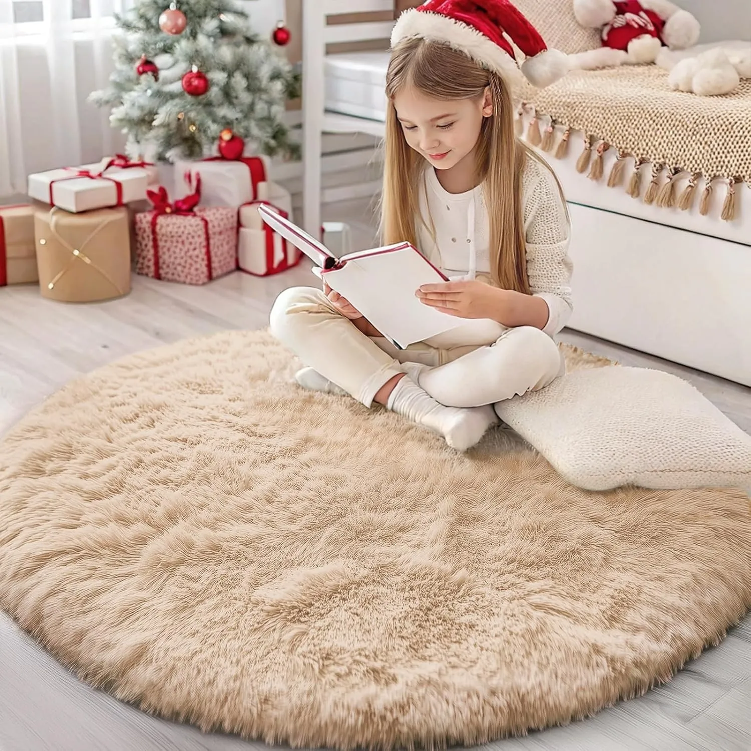Homaxy Hochflor Waschbar Klein Teppich Wohnzimmer 120 cm Rund, Beige