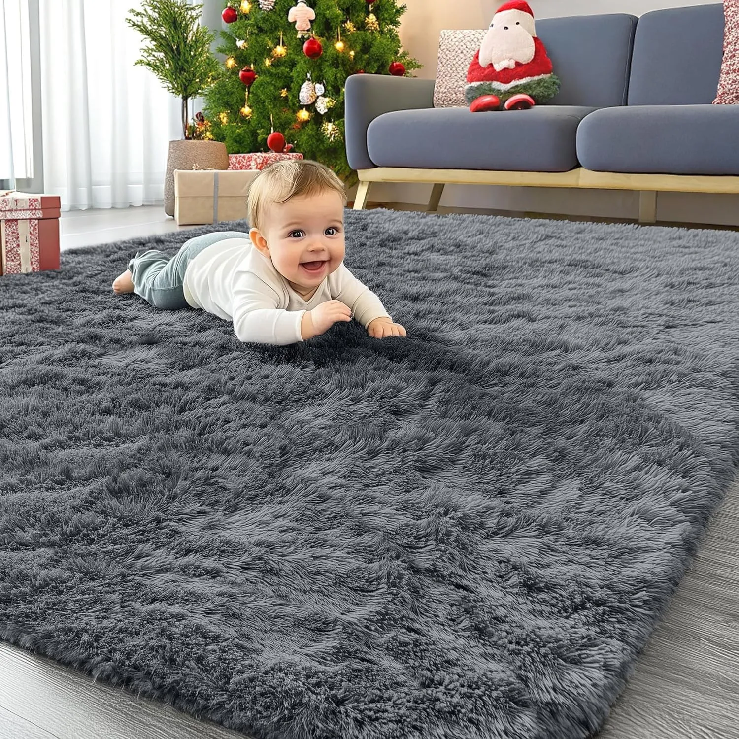 Homaxy Hochflor Waschbar Groß Teppich Wohnzimmer 160 x 220 cm, Dunkelgrau | Anti-Rutsch Unterseite Teppiche, Flauschig …