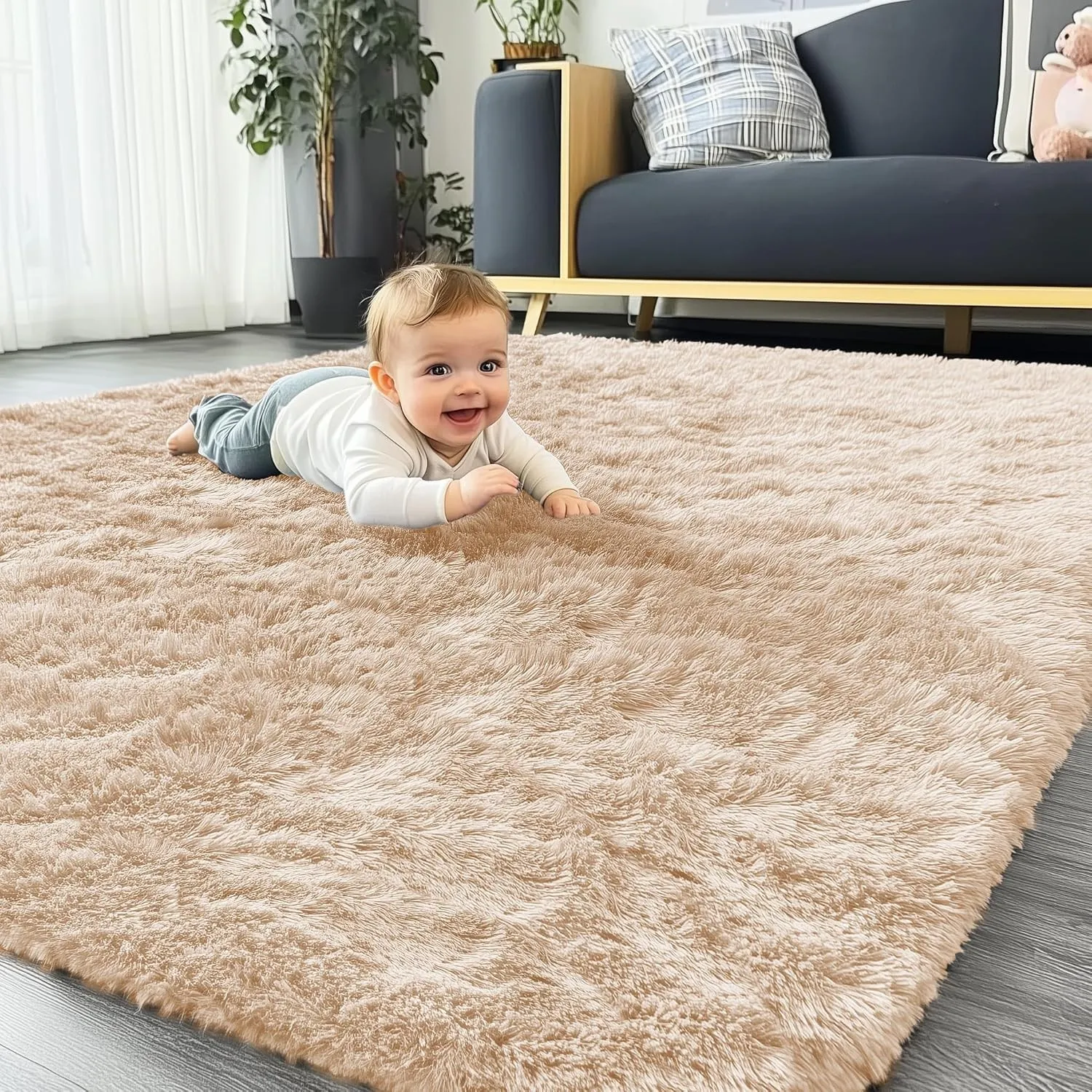 Homaxy Hochflor Waschbar Groß Teppich Wohnzimmer 240 x 340 cm, Beige | Anti-Rutsch Unterseite Teppiche, Flauschig Teppi…
