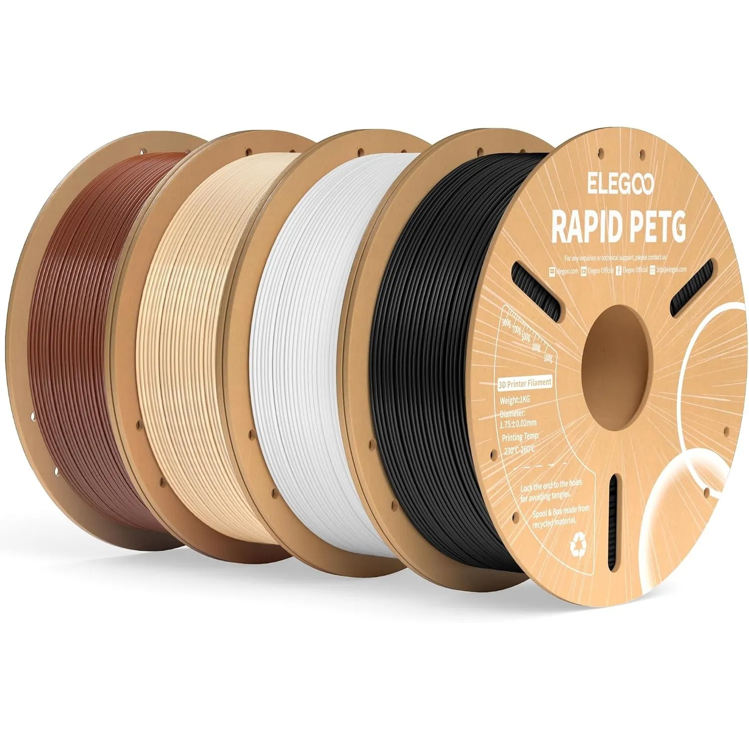 ELEGOO Rapid PETG Filament 1.75mm 4KG Schwarz/Weiß/Beige/Braun