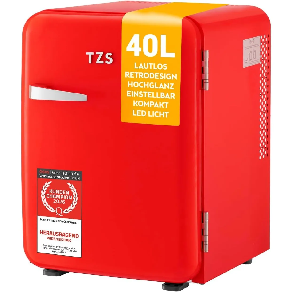 TZS First Austria - Retro Mini Kühlschrank 40L - Lautlos - Vintage Minibar für Schlafzimmer & rot