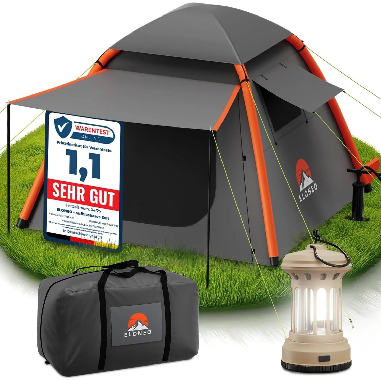 ELONEO aufblasbares Zelt für 1-4 Personen mit Vordach & Luftpumpe, Camping Zelt wasserdicht, Luftzelt Ultraleicht, Infl…