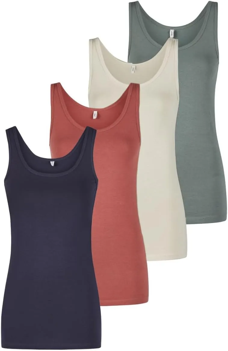 ONLY Onllive LUV Women's Cotton Stretch Slim Fit Tank Top, Set of 4, Basic Shirt, Crew Neck Tank Top, Sleeveless Tops, …