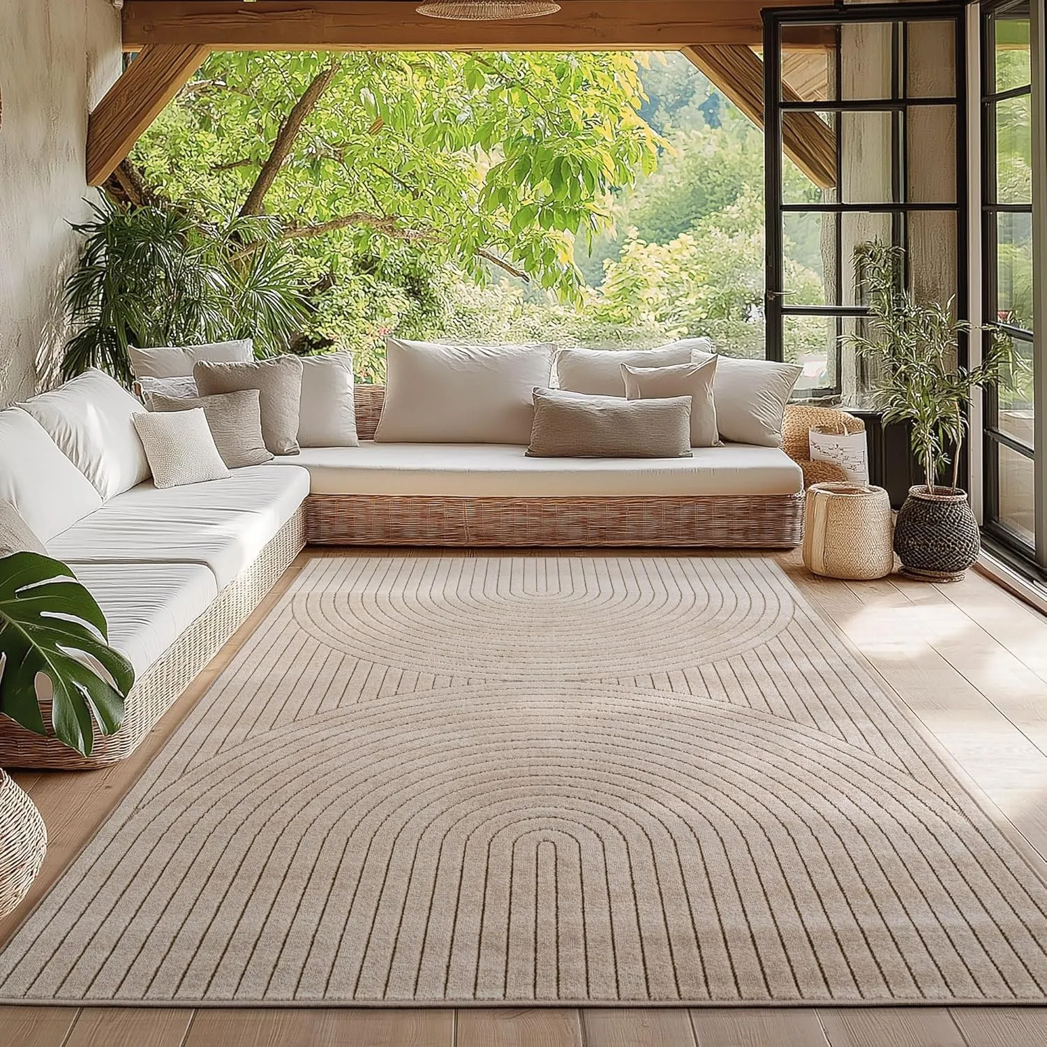 HomebyHome Teppich Wohnzimmer, Schlafzimmer, Wintergarten, Kurzflor Beige, Hoch-Tief-Effekt, weich & waschbar, Outdoor …