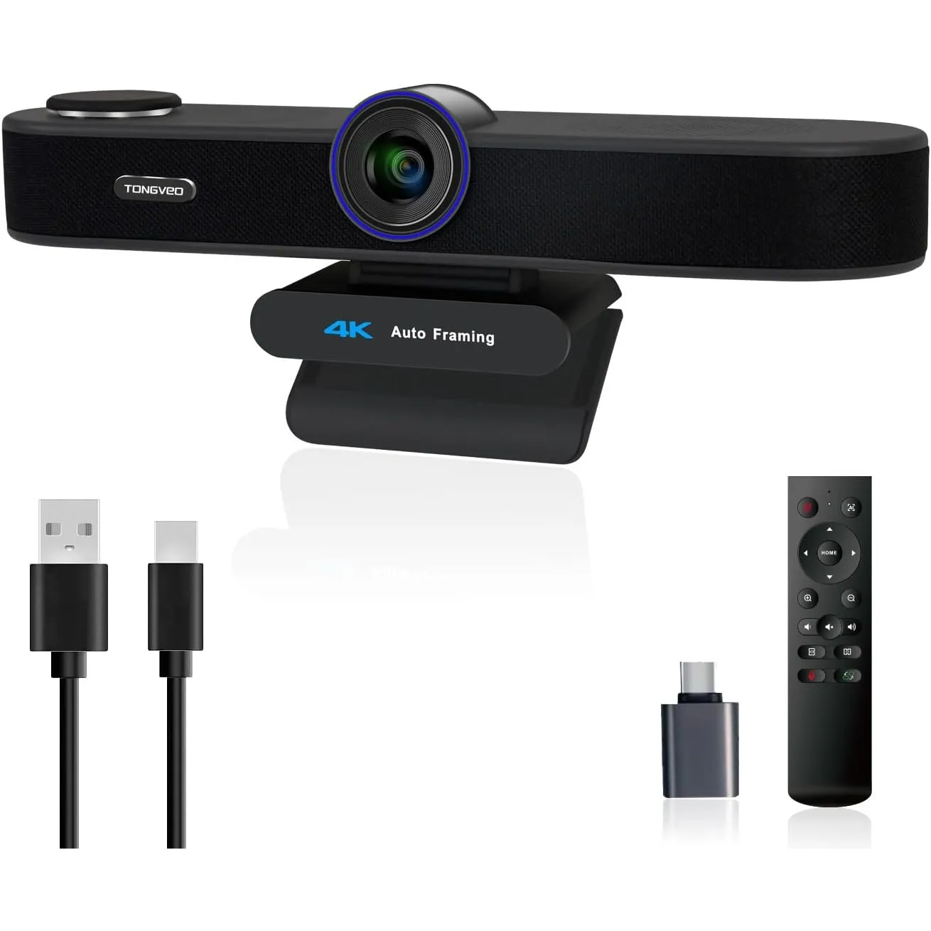TONGVEO KI-Autotracking 4K Webcam mit Mikrofonen und Lautsprecher, 5-facher Digitalzoom ePTZ Webkamera mit Fernbedienun…