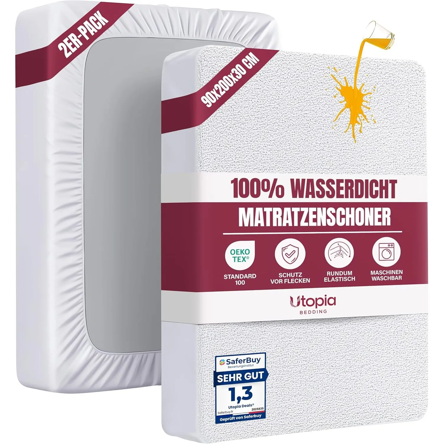 Utopia Bedding Matratzenschoner 90 x 200 x 30 cm (2er Pack) Wasserdicht, Oeko-TEX Zertifiziert Matratzenauflage Atmungs…