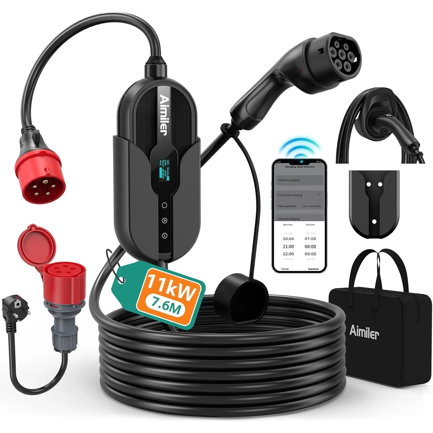 AIMILER Wallbox 11kW mit App, 400V (8-16A) 3 phasig 7,6M Mobile Ladestation CEE Typ 2 Ladekabel IP66 OLED EV Ladegerät …