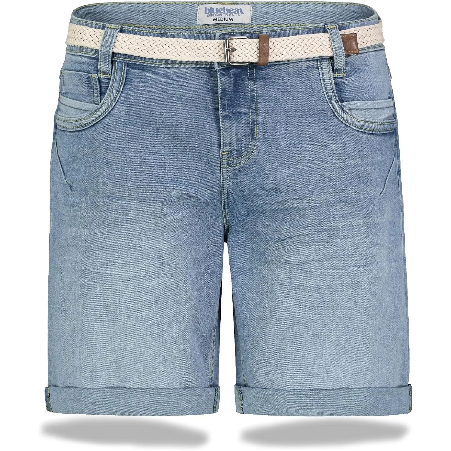 Sublevel Damen Jeans Shorts Denim Bermuda Chino Stretch mit Flechtgürtel Bequeme Kurze Sommer Hose
