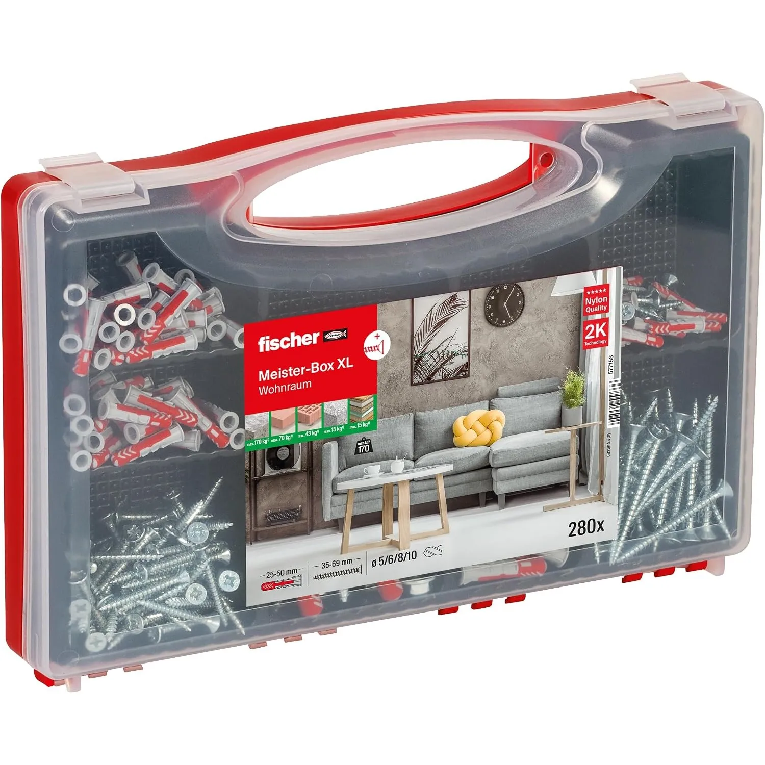 fischer Meister-Box XL Wohnraum, 210-teiliges Dübel- und Schraubenset, 5-10 mm Durchmesser, für Heimwerker und Profis, …