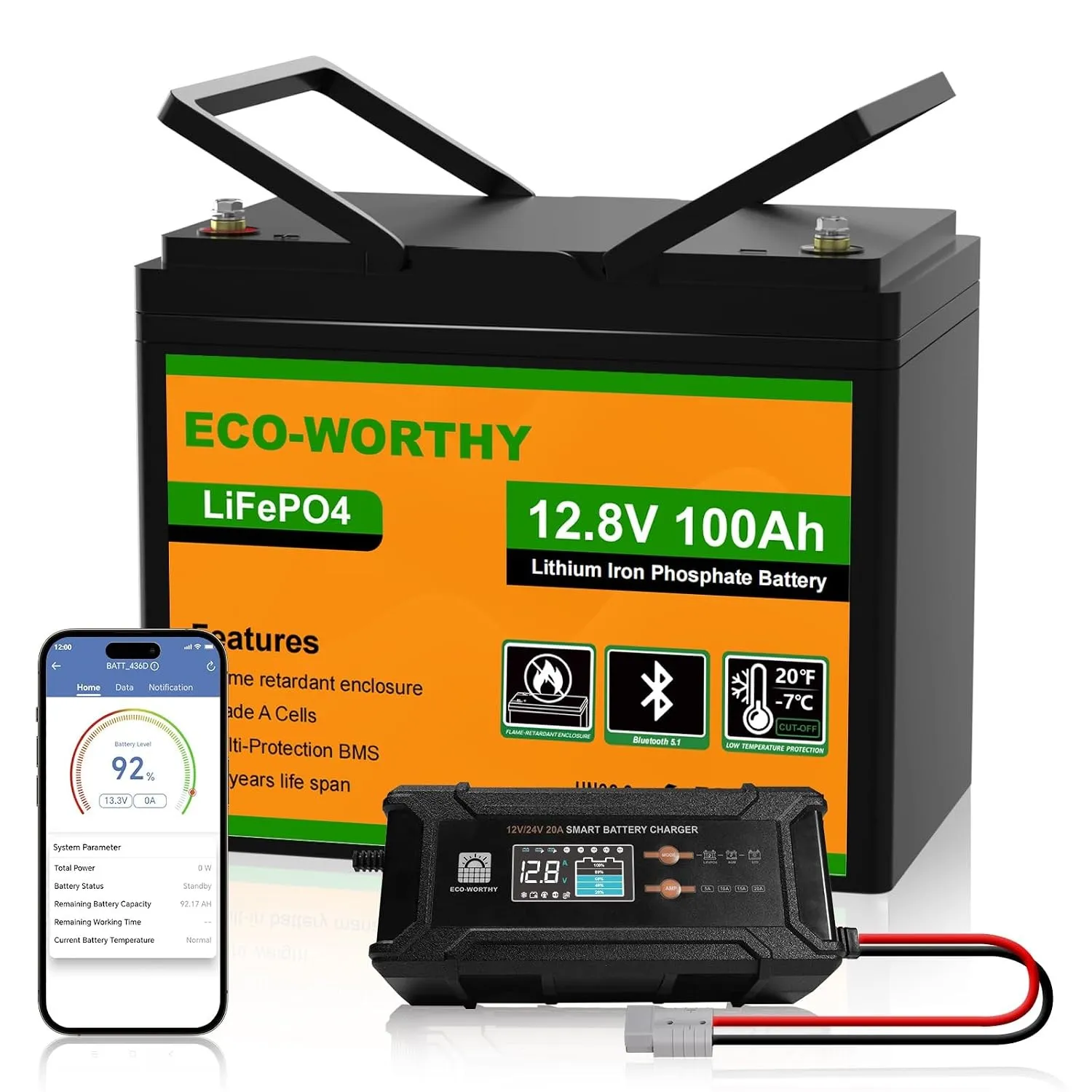 ECO-WORTHY 12V 100Ah LiFePO4 Bluetooth Batterie mit 12/24V 20A Ladegeräte