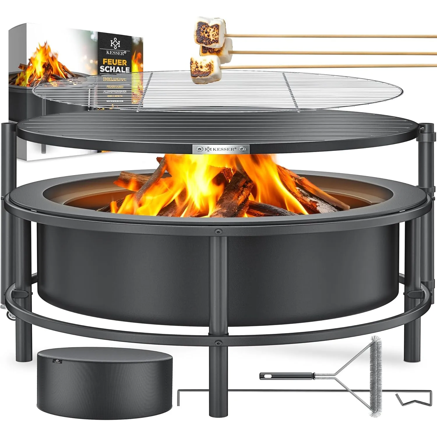 KESSER® Feuerschale mit Grillrost Ø65cm Feuerkorb 0,6mm Kaltveredelter Stahl | Mobile Feuertonne mit Reifen | Holz & Ko…