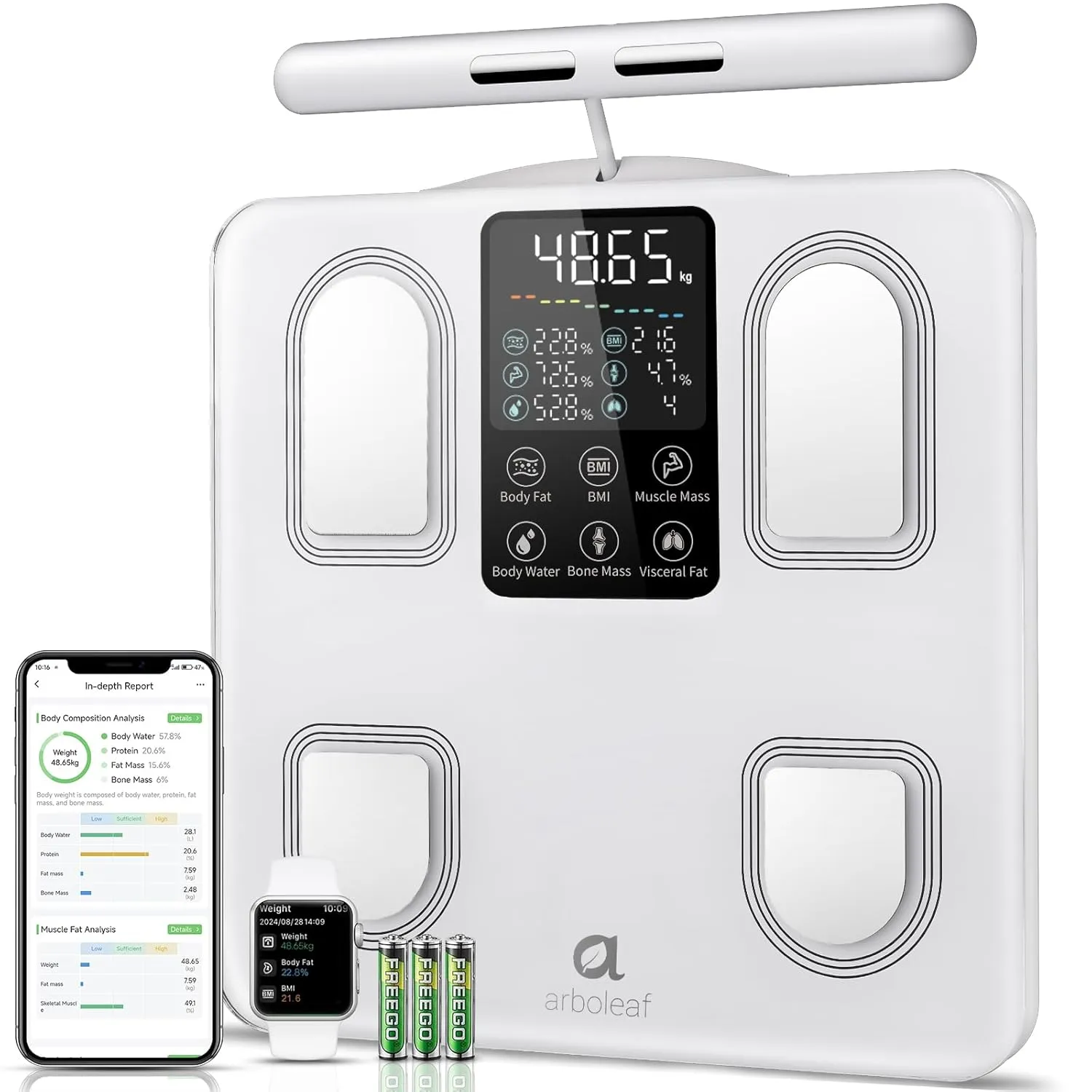 arboleaf Körperanalysewaage Personenwaage digital 50 Körpermaße, Körperfettwaage mit Handsensoren & großes Display Waag…