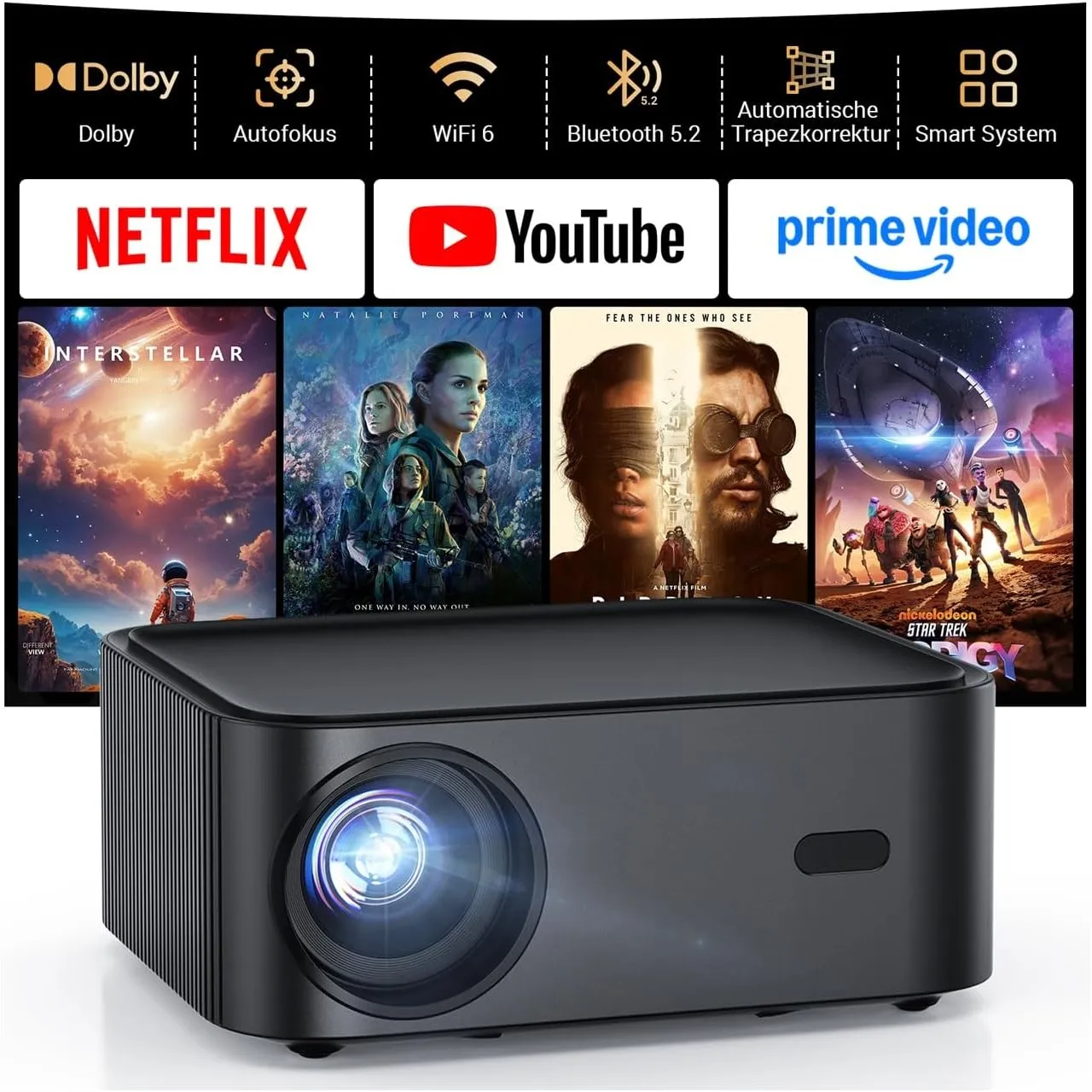 Smart Beamer 4K kompatibel mit Netflix-App,HAPPRUN H11 Beamer Heimkino mit Autofokus & Dolby Audio, WiFi 6 & Bluetooth …
