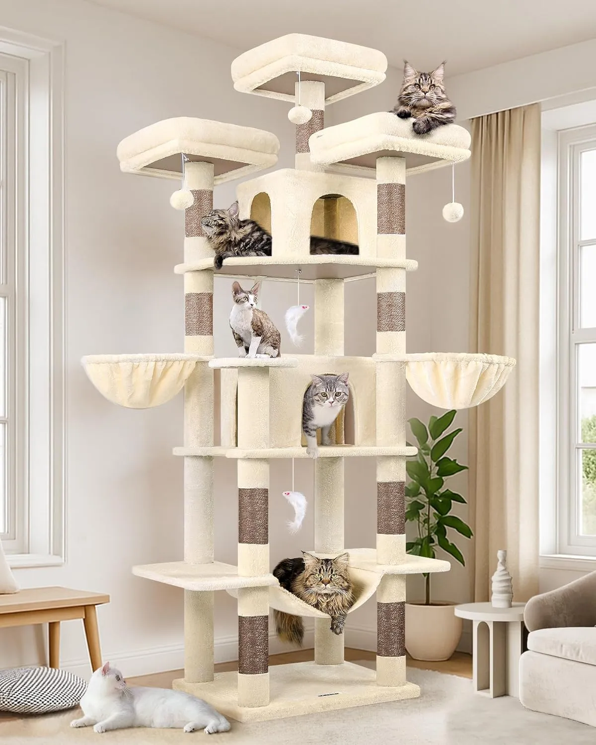 Globlazer Kratzbaum Beige Große XXL hoch 204 cm mit 3 Gepolsterte Sitzstangen, 2 Katzenhaus, 2 Korb, Hängematte, Luxus …
