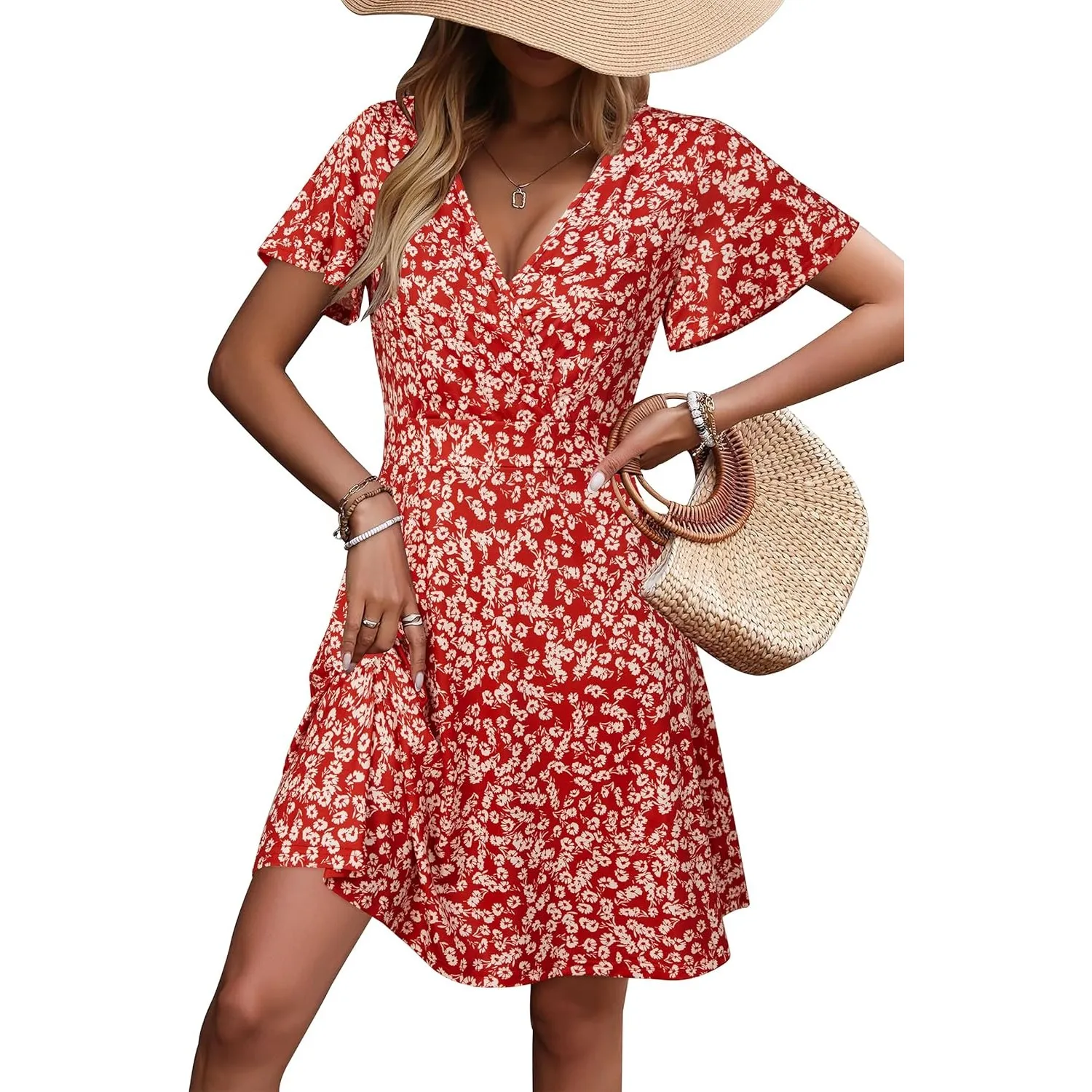 STYLEWORD Damen Sommerkleid Kurzarm V-Ausschnitt Kleider Blumenmuster Kleid Wickelkleid Mit Taschen