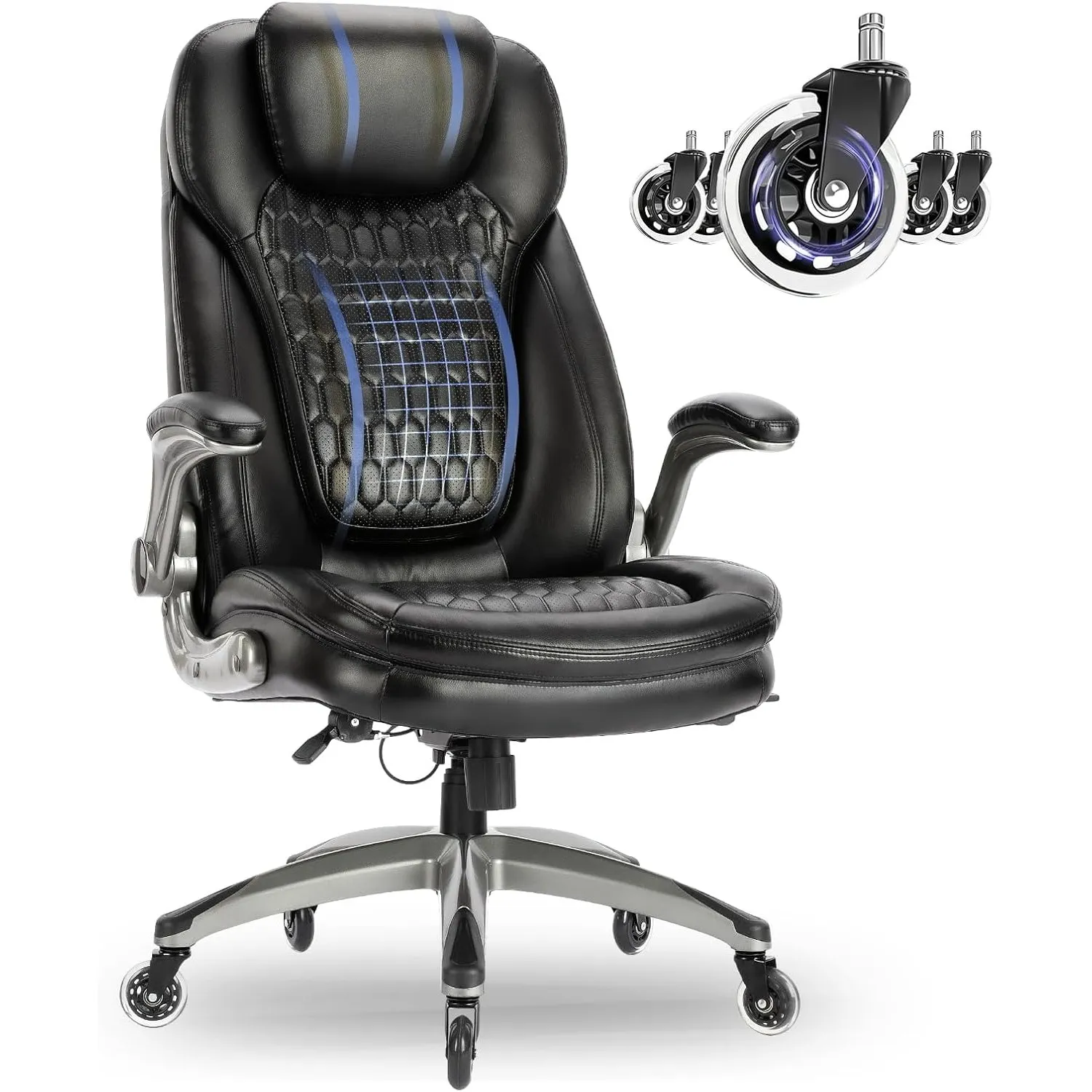COLAMY Chefsessel aus Atmungsaktivem Leder – Ergonomischer Bürostuhl mit Taschenfederkern-Sitzkissen, Flip-up-Armlehnen…