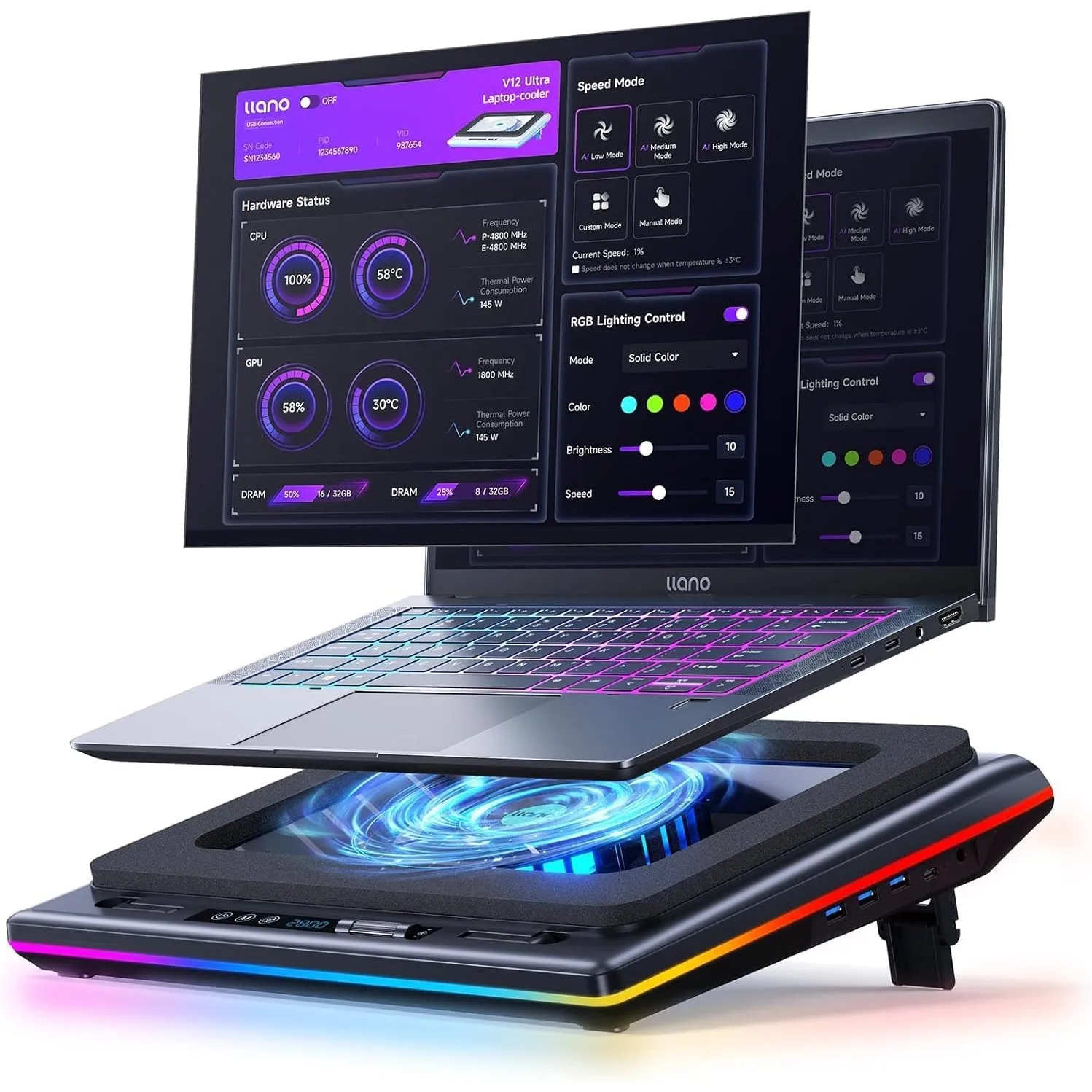llano V12 Ultra Laptop Cooler Kühlpad mit intelligenter Softwaresteuerung, RGB Gaming Laptop Kühler intelligente Temper…