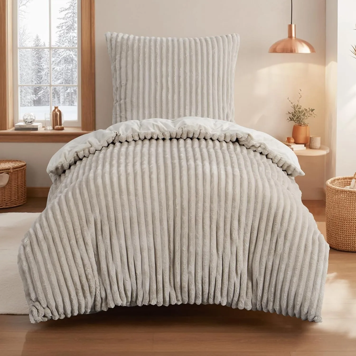 Aisbo Winter Warm bettwäsche 135x200 2teilig Beige - Cord Flauschige Flanell Winterbettwäsche Plüsch Teddy Fleece Cashm…