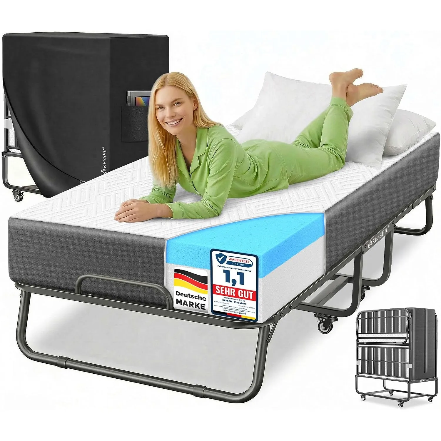 KESSER® Klappbett 200x90cm Gästebett inkl. Matratze aus Memory-Schaum & Rollen | faltbares Reisebett mit Metallrahmen f…