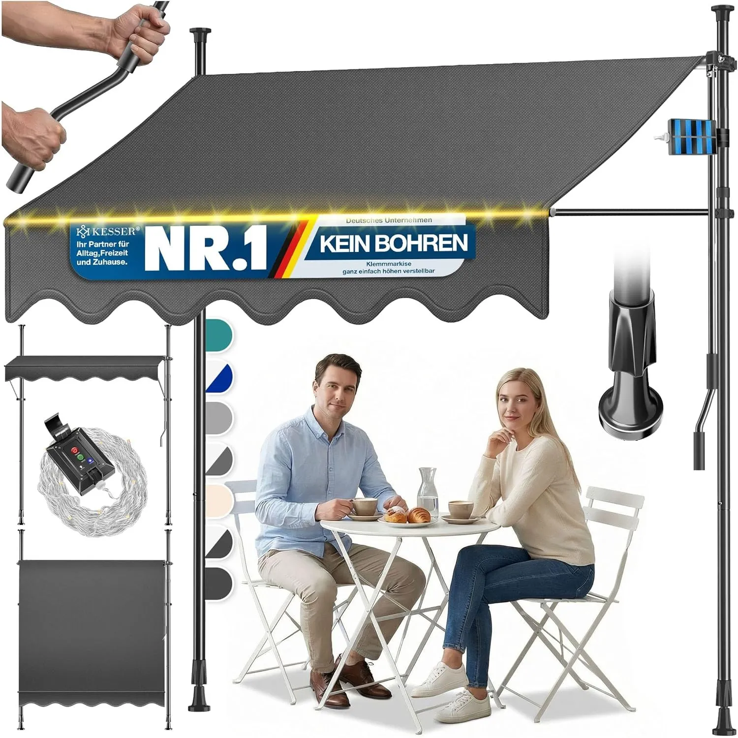 KESSER® Klemmmarkise mit Handkurbel & LED Lichterkette | Balkonmarkise ohne Bohren | Markise UV-beständig höhenverstell…