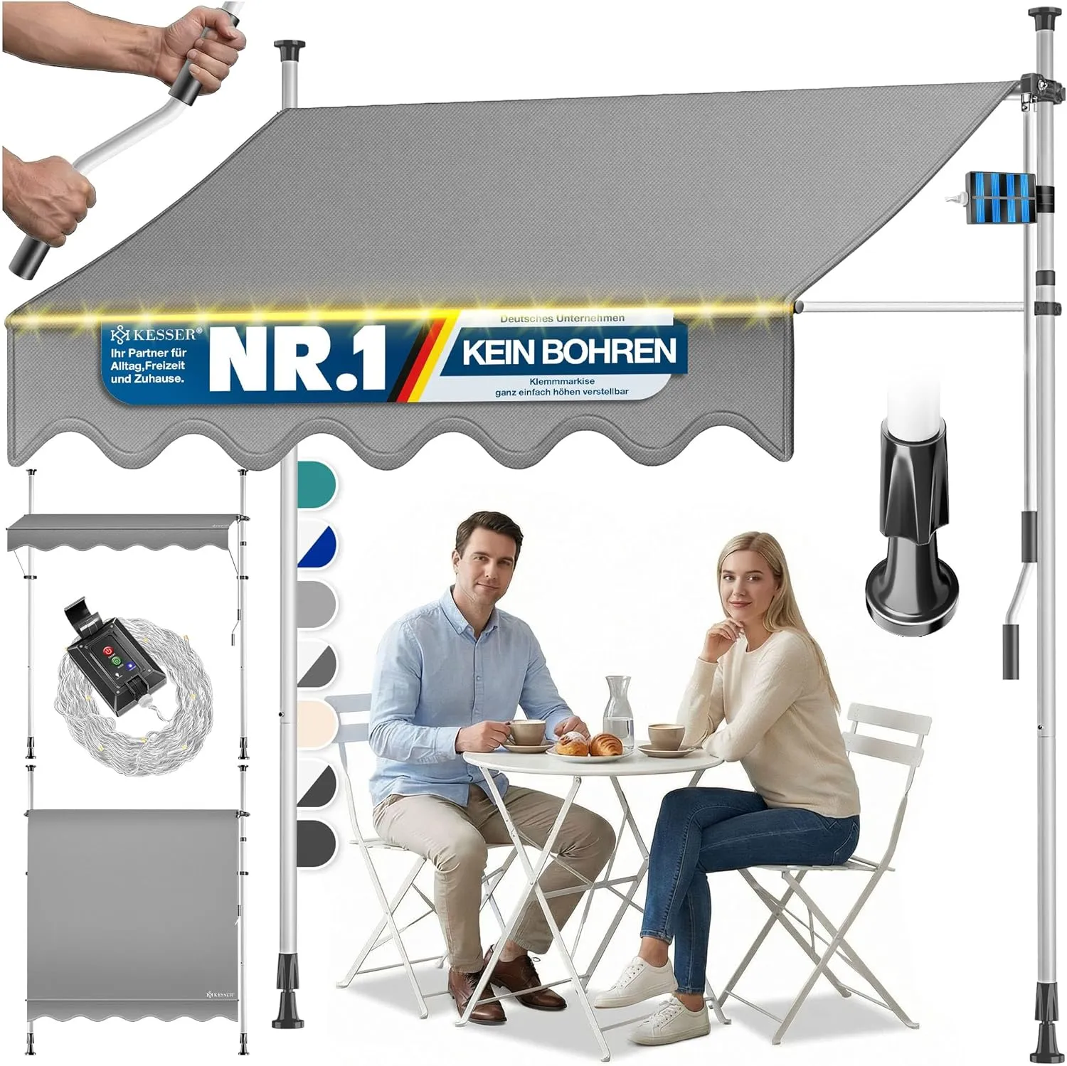 KESSER® Klemmmarkise mit Handkurbel & LED Lichterkette | Balkonmarkise ohne Bohren | Markise UV-beständig höhenverstell…