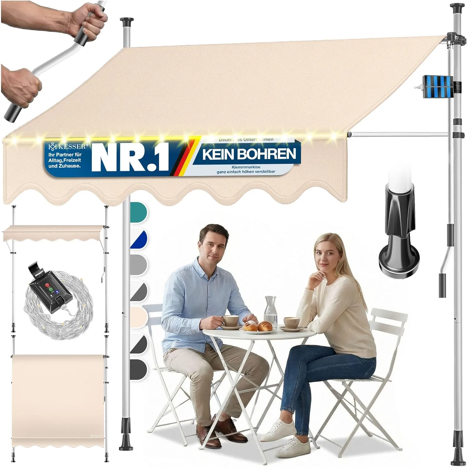 KESSER® Klemmmarkise mit Handkurbel & LED Lichterkette | Balkonmarkise ohne Bohren | Markise UV-beständig höhenverstell…