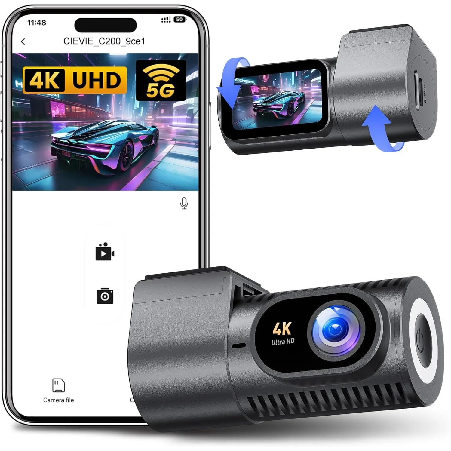 4K Dashcam Auto Vorne mit 5Ghz Wi-Fi, 360° Drehbar, 24/7 Parküberwachung | Mini Auto Kamera mit 1,5-Zoll IPS-Display, W…