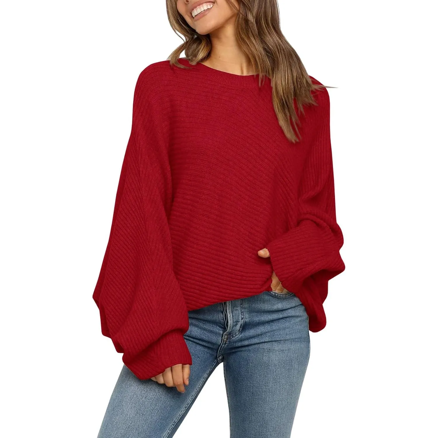 Fessceruna Damen Pullover Oversize Fledermausärmel Strickpullover