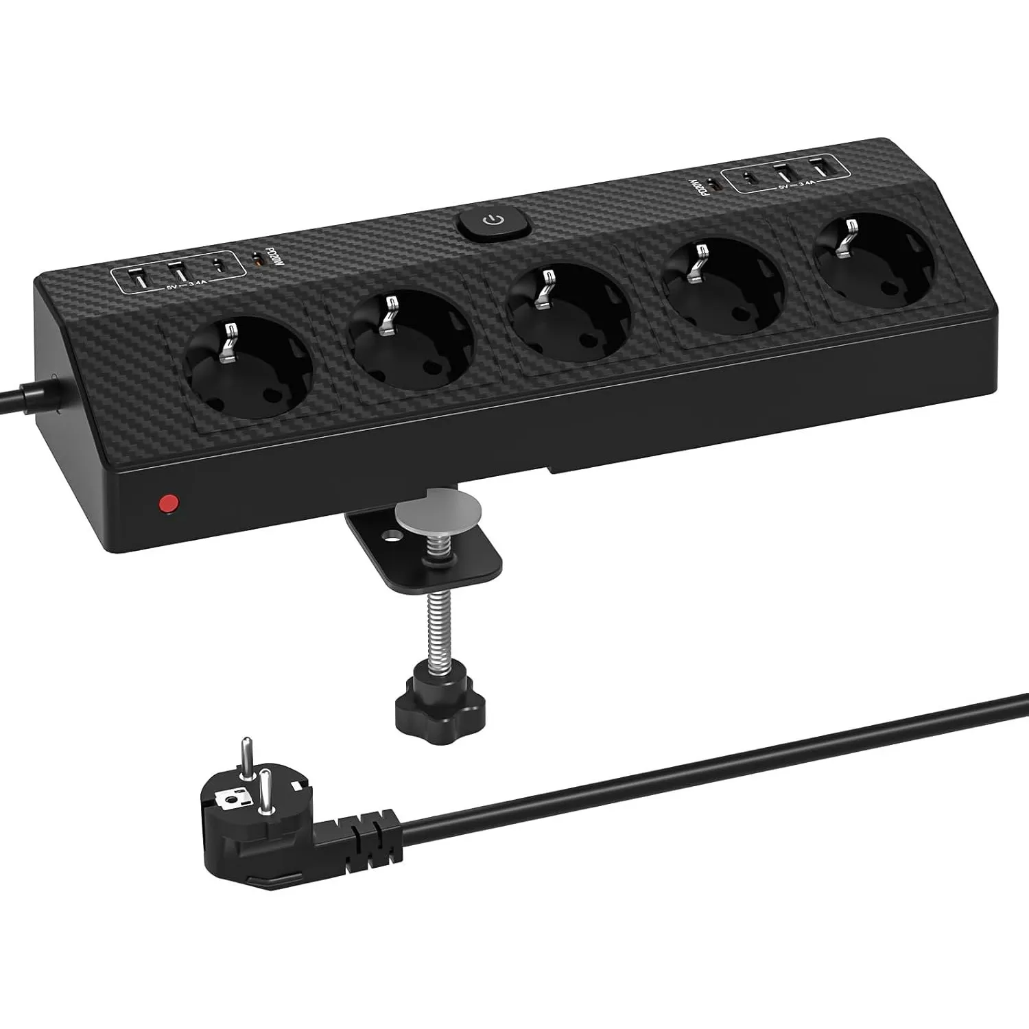PASSUS Steckdosenleiste Klemmbar mit 5 Fach, 8 USB 2 USB-C 20W, 2M, Schwarz