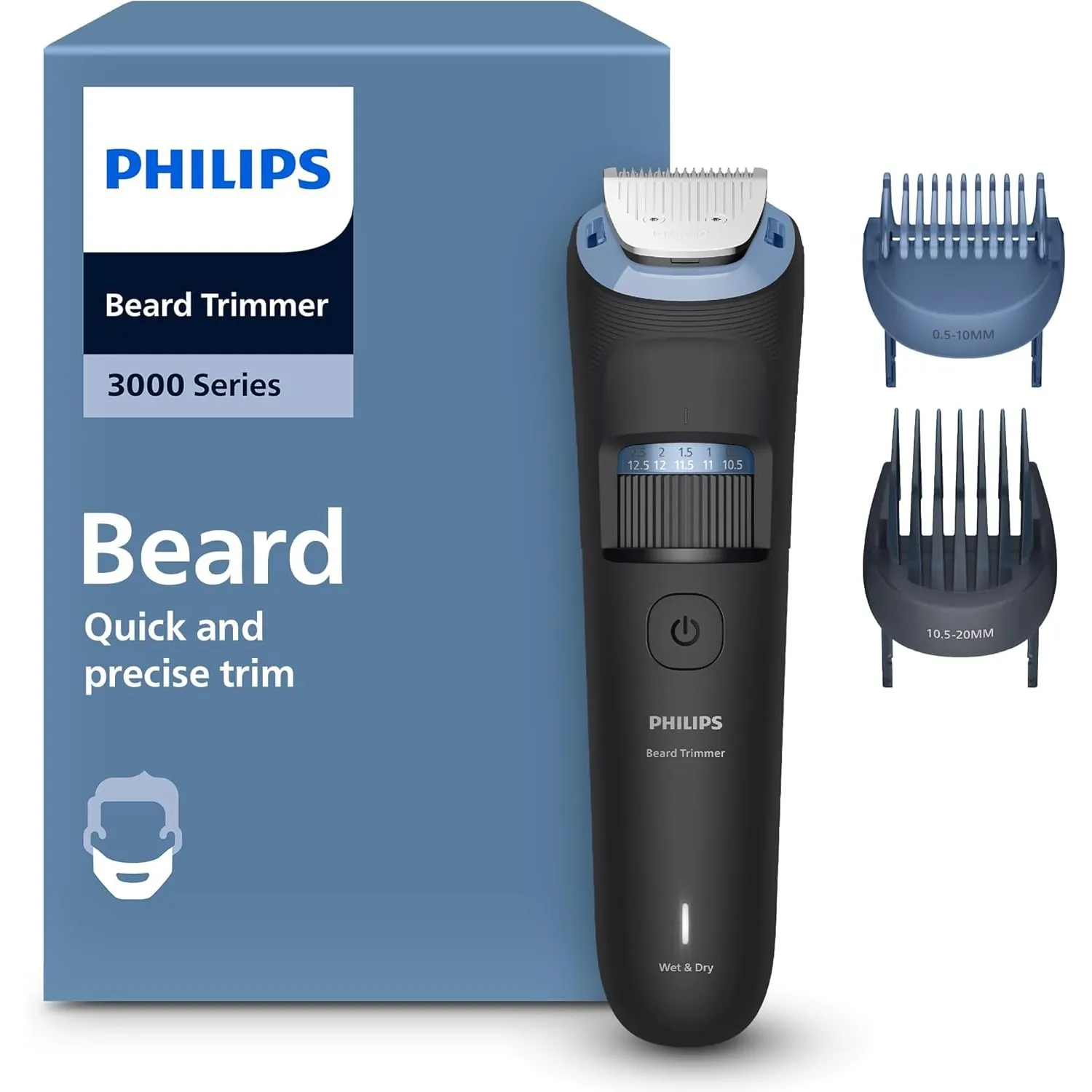 Philips Bartschneider 3000er-Serie – selbstschärfende Metallklingen, 40 Längeneinstellungen, Lift&Trim-Kamm, 100% wasse…