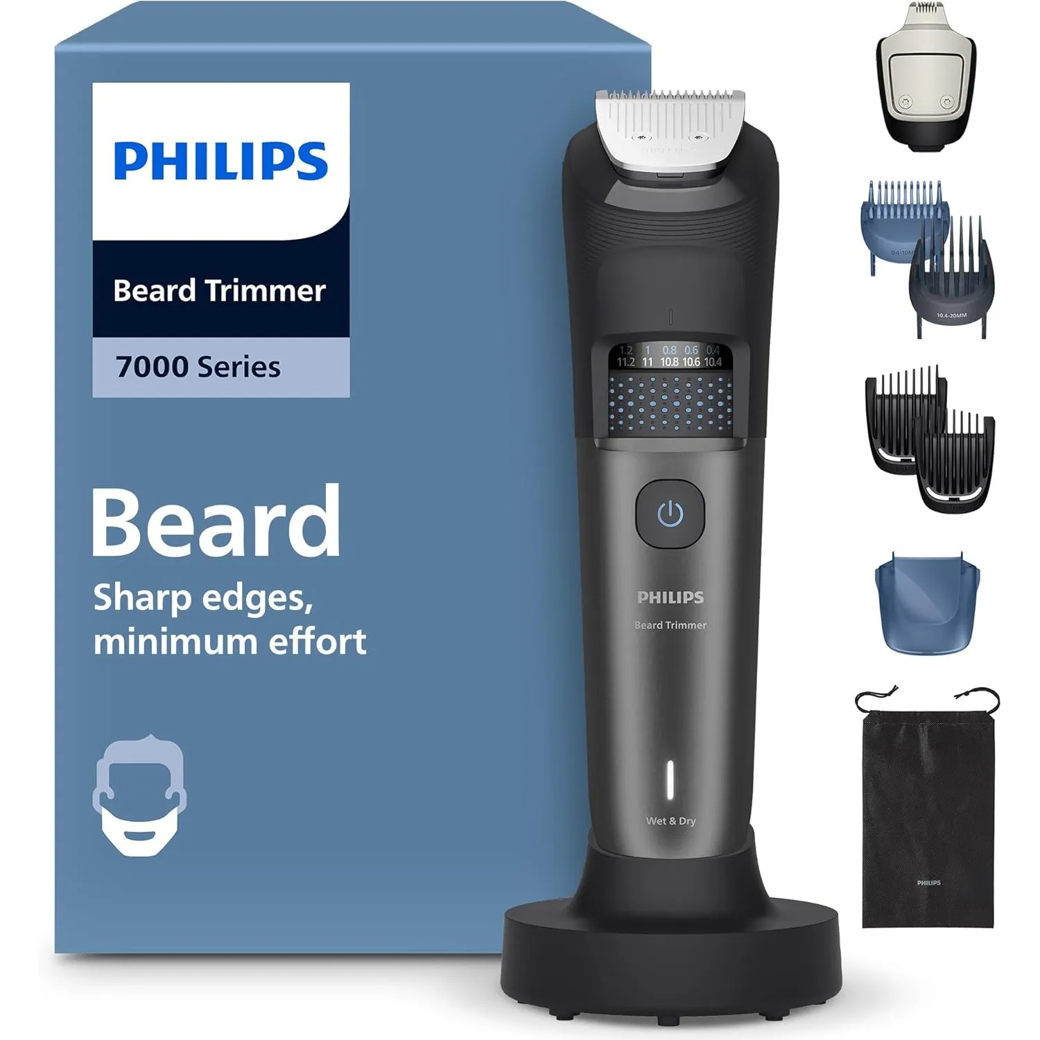 Philips Bartschneider 7000er-Serie – selbstschärfende Metallklingen, 40 Längeneinstellungen, BeardSense-Technologie, Ha…