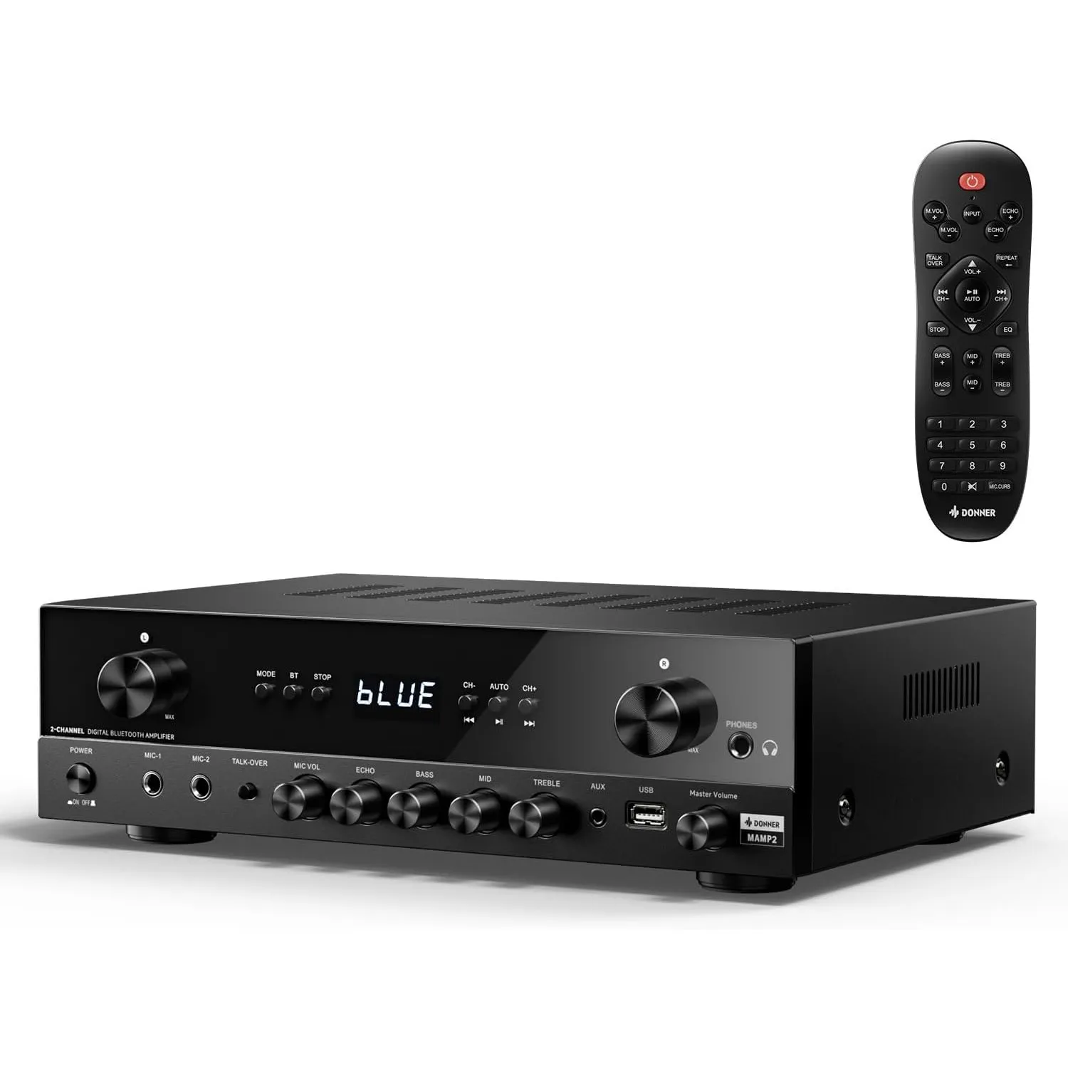 Donner Stereo Verstärker, 600 W Peak, 2-Kanal-Receiver mit Bluetooth 5.3, Phono, Optisch, Koaxial, USB, FM, 2 Mikrofone…