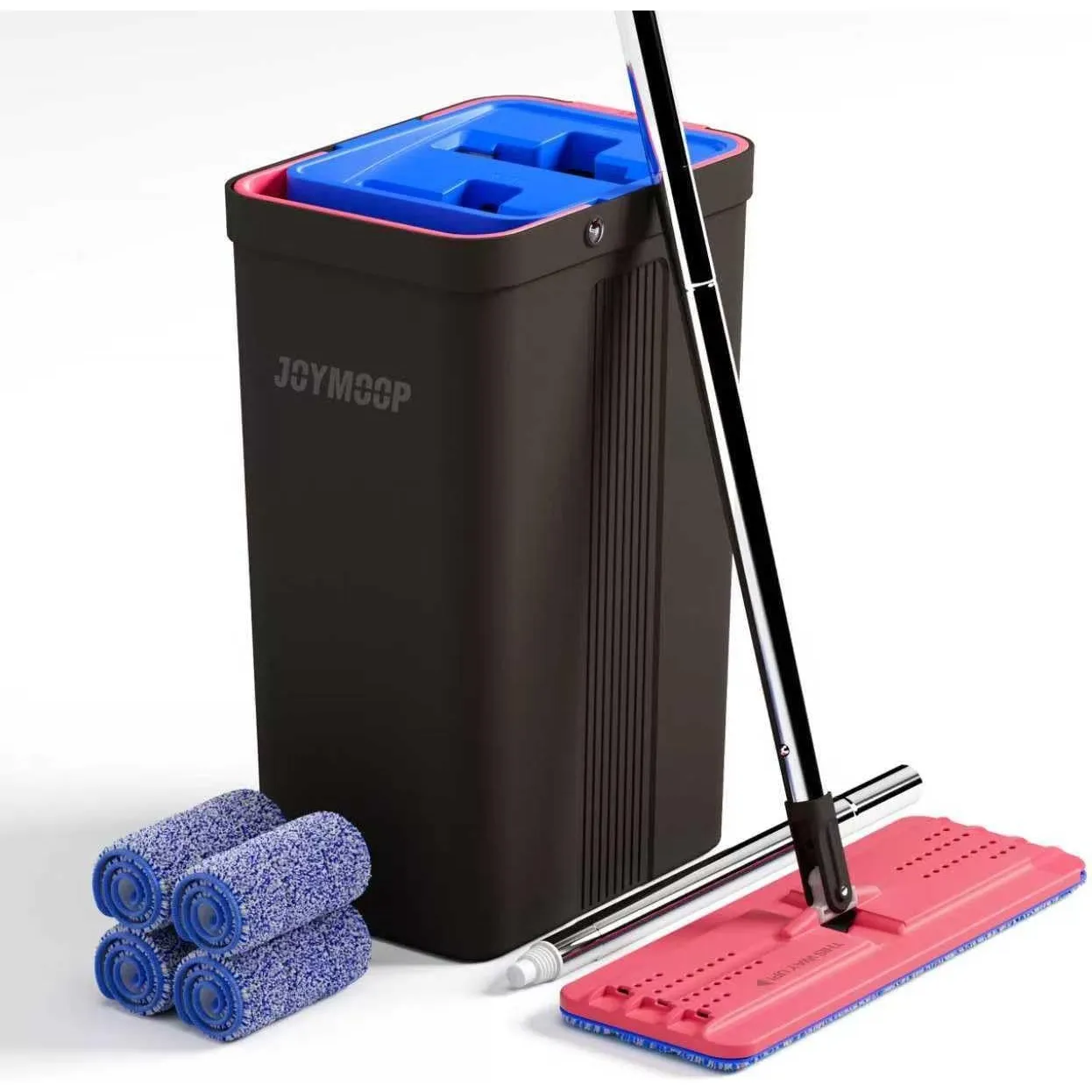 JOYMOOP Wischmopp und Eimer mit Auswringer-Set, freihändiger Flacher Bodenwischer und Eimer, mit 4 waschbaren Mikrofase…