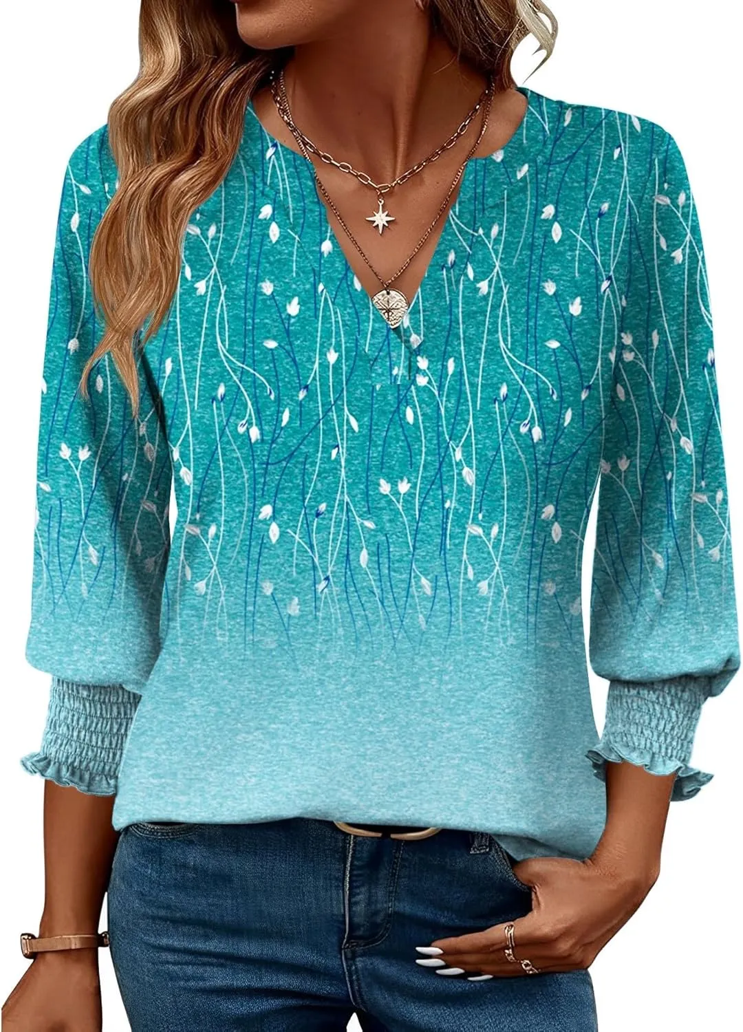 Rapbin Damen Bluse 3/4 arm Langerm V-Ausschnitt Tunika Sommer Tops Locker Shirt Elegant Lässig Oberteil Blusen 2026