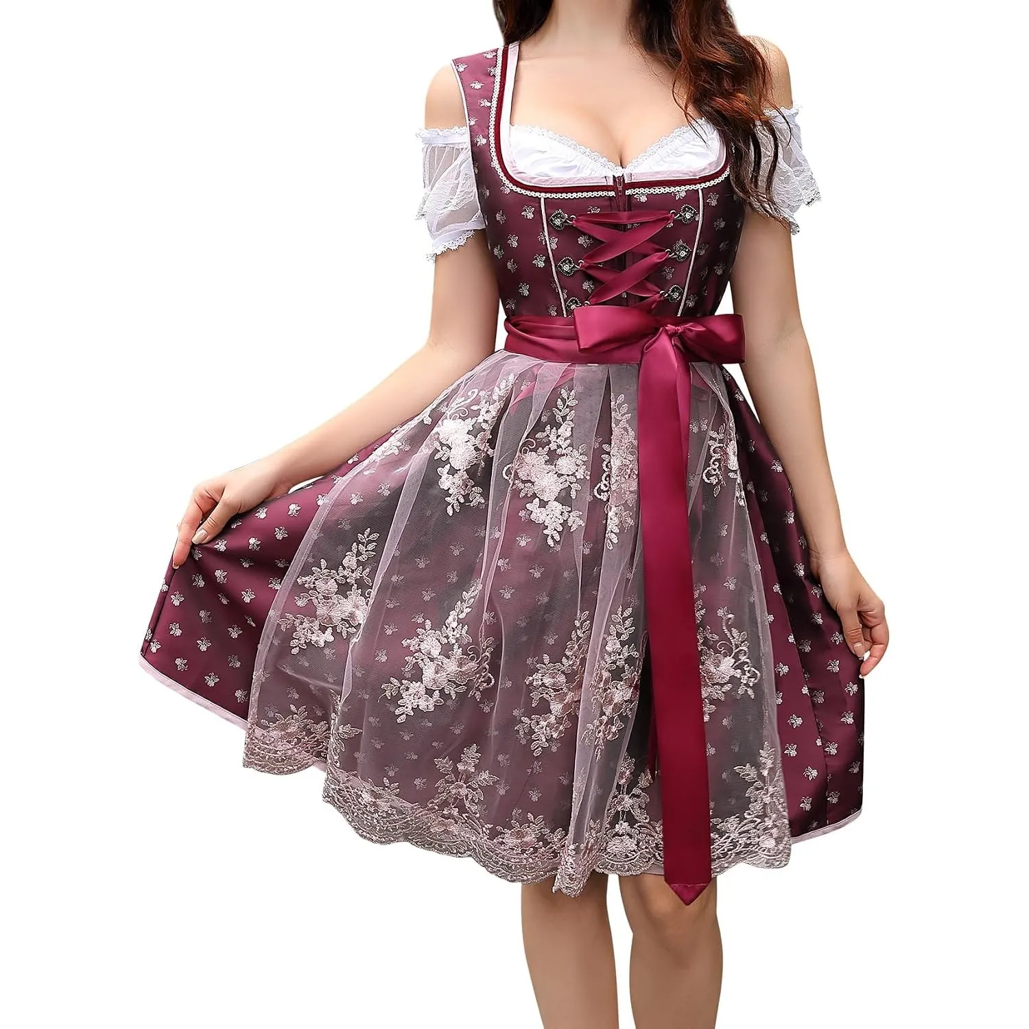 YesFashion Dirndl Damen Midi 3 Teilig Dirndl-komplettsets Oktoberfest Damen Outfit Dirndlkleid Dirndlbluse Dirndlschürz…