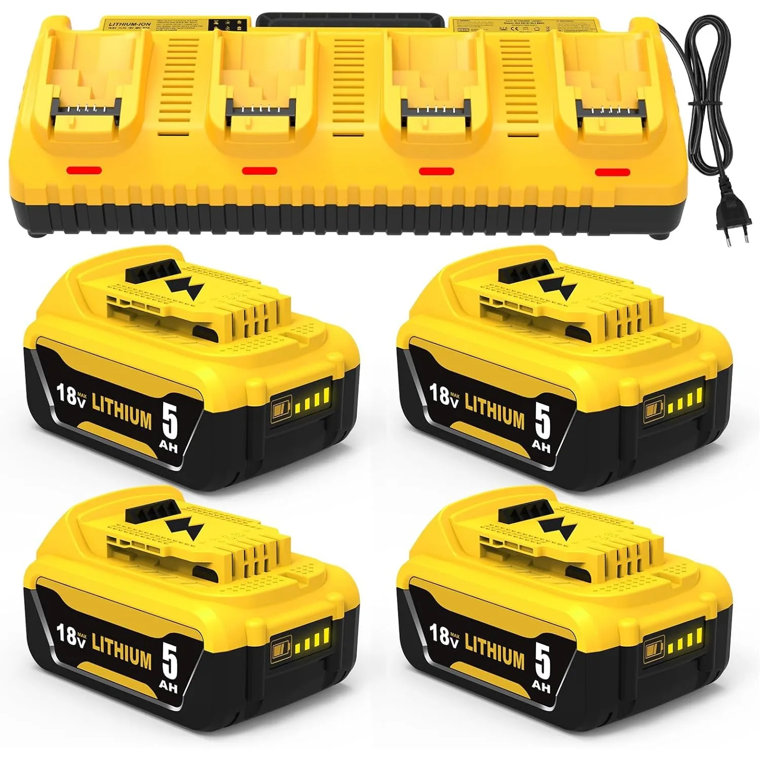 4 Stück 5.0A Kompatibel für Dewalt Akku 18V und 1 Stück 4-Port-Ladegerät 10.8-20V DCB104 Ladegerät
